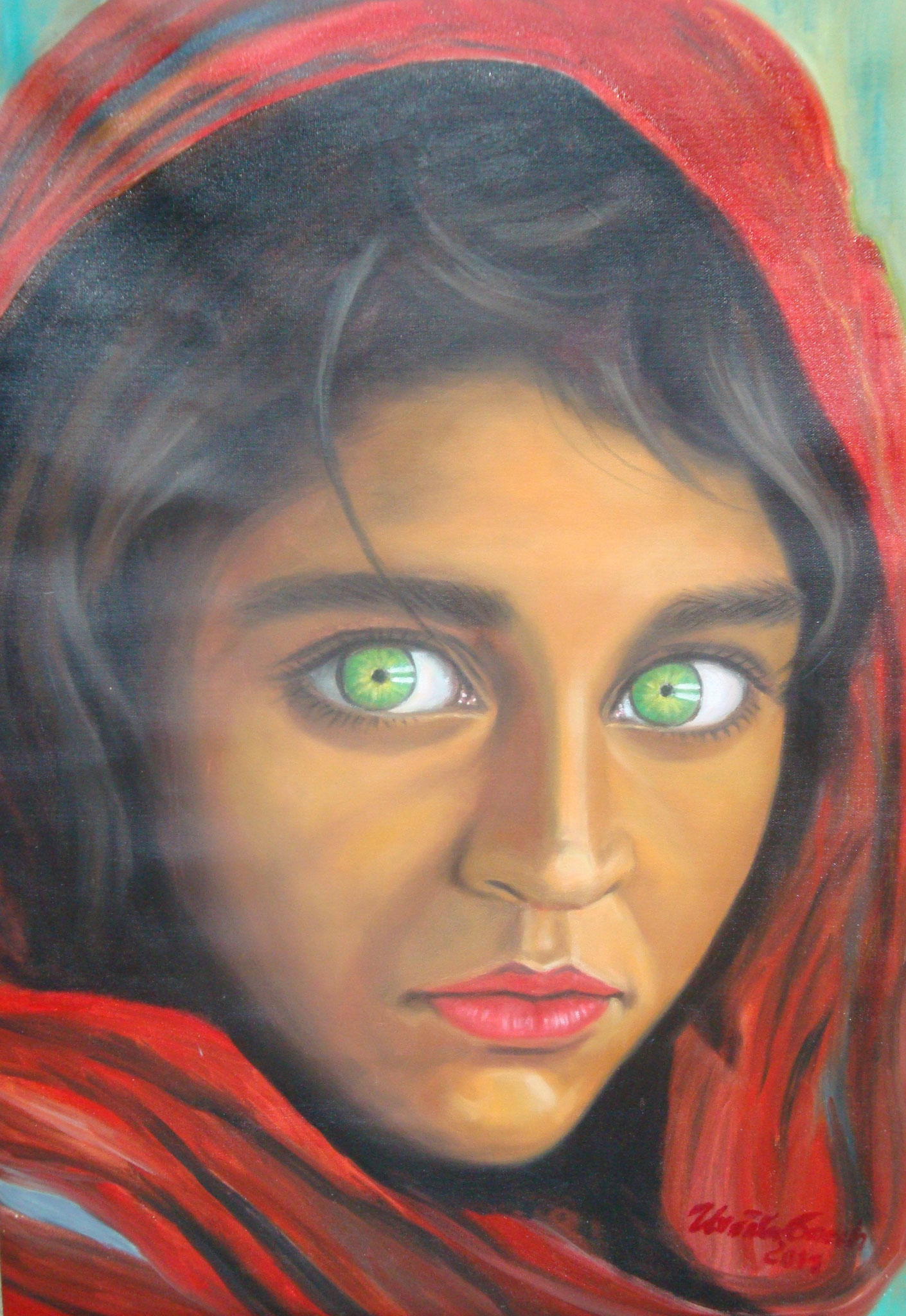 The girl "Sharbat Gula" from Afghanistan  oil on canvas | 70x50 X 1,5  cm