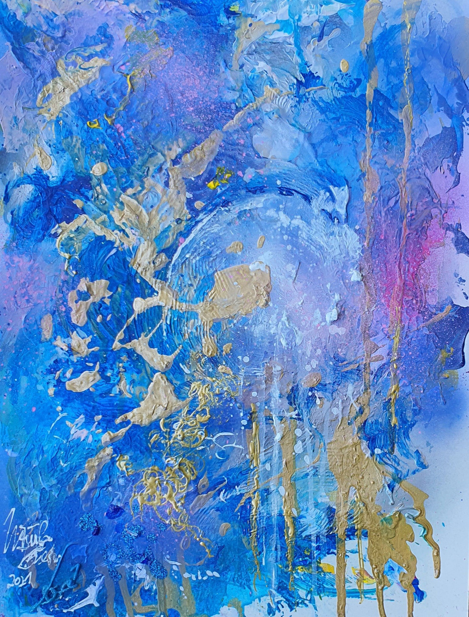 Blue moon in August 2021 (Acry/Mixed Media on Special-paper 30 X 40 X 0,1 cm)
