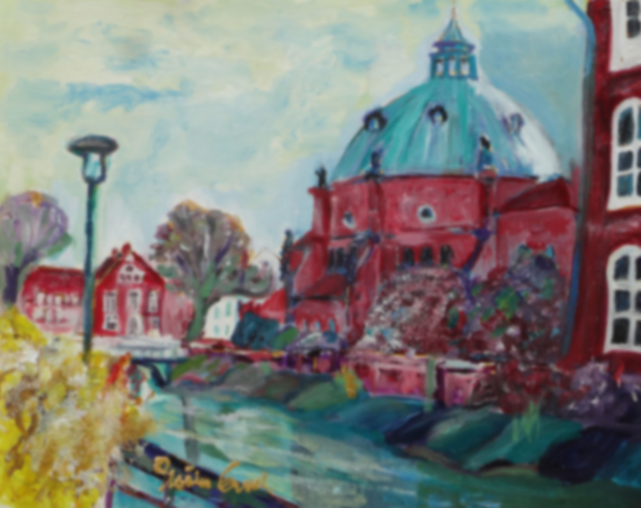 St. Augustinus mit Pfarrhaus  und Burgschule  in Nordhorn   (Technik: Öl   Leinwand: 40 X 30 cm)