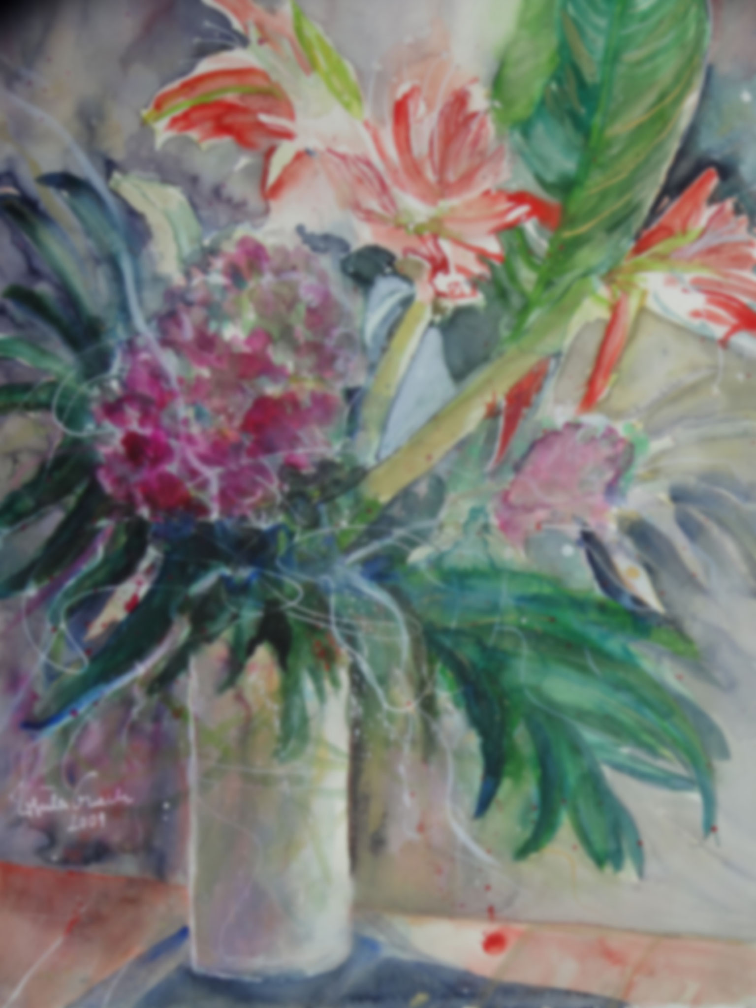 Flamingo-Blume        ( Technik: Aquarell  auf  Fabriana Satinata   600 g   56 X 76 cm))