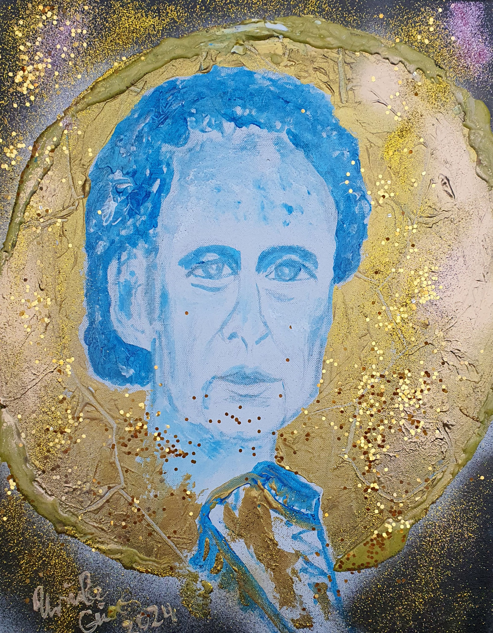 The golden football with Franz Beckenbauer(Acrylic, Gold-glitter, Mixed Media on Canvas 