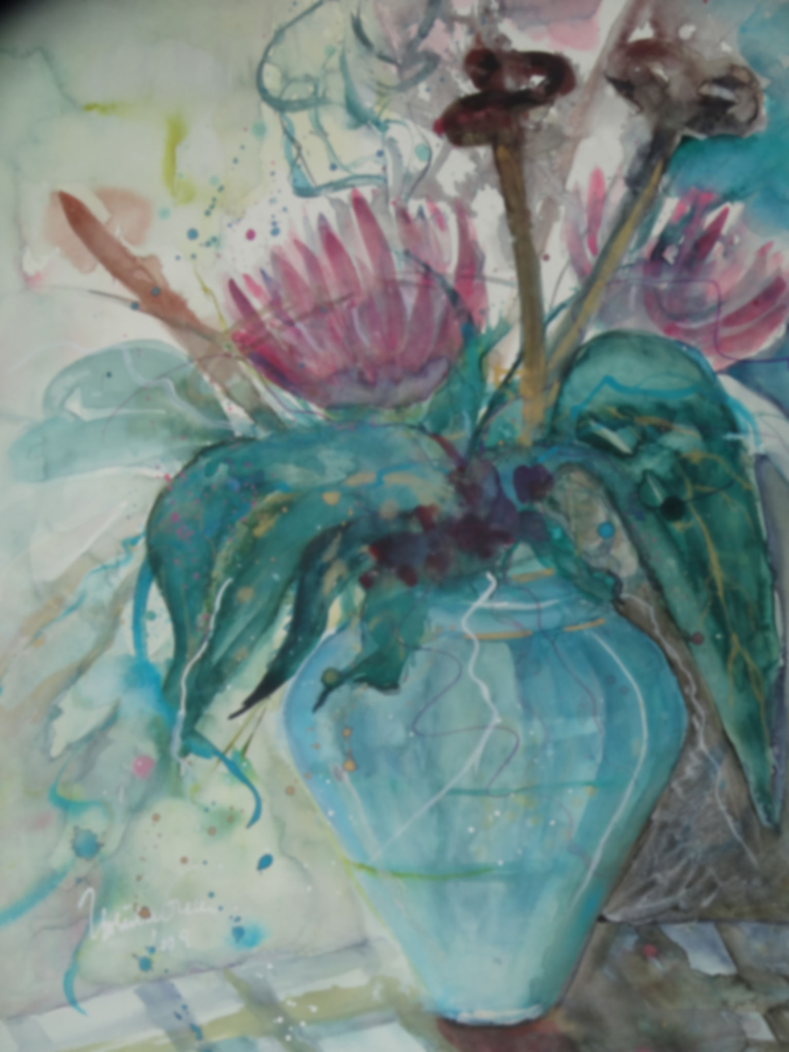 Ananas-Blüte in blauer Vase     ( Technik: Aquarell   auf  Fabriana Satinata 600 g   56 X 76 cm)