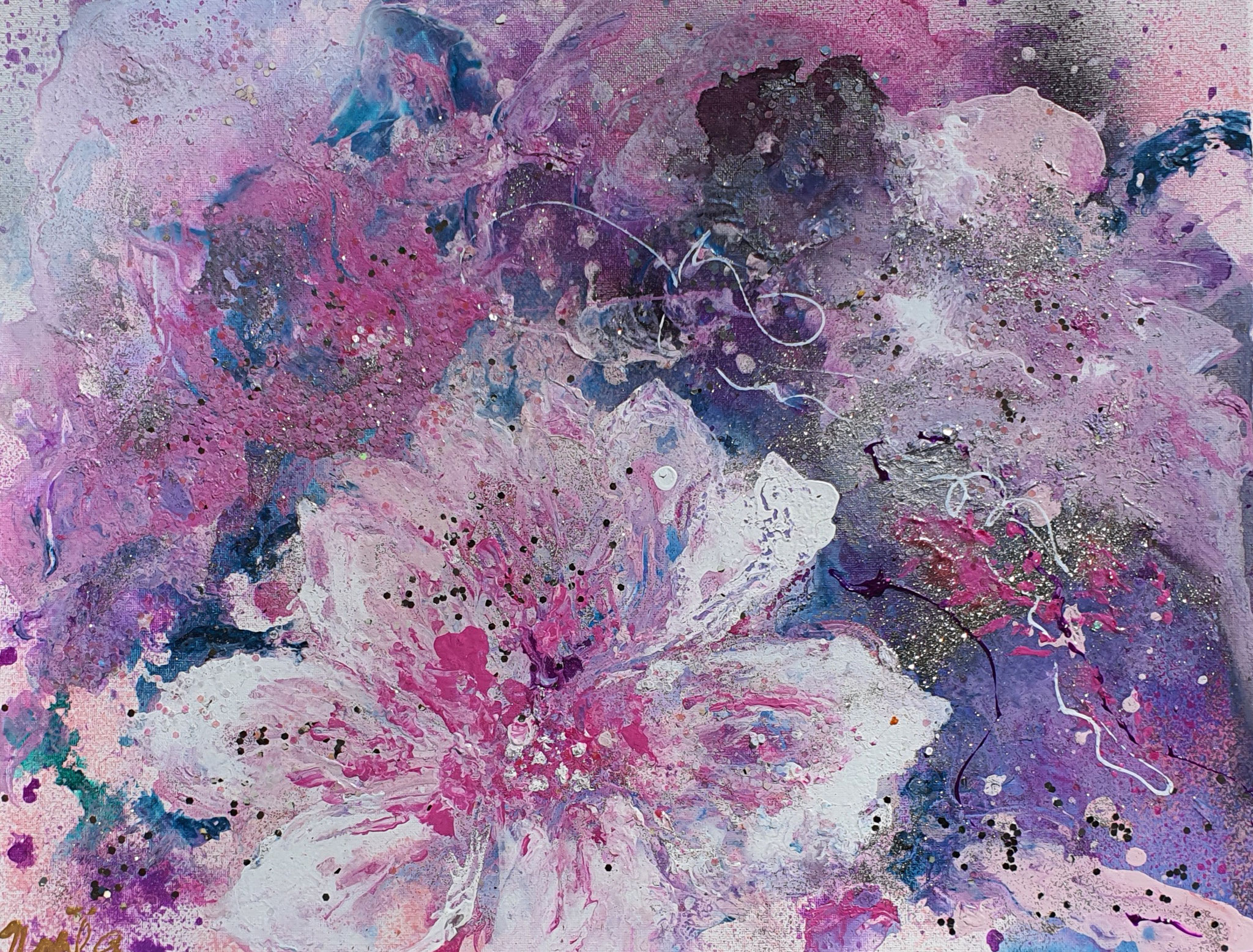 Magnolia-love in Springtime (expressiv/abstract painting, Technic: Acryl/Mixed Media on Canvas, 40 X 50 X 1,5cm)