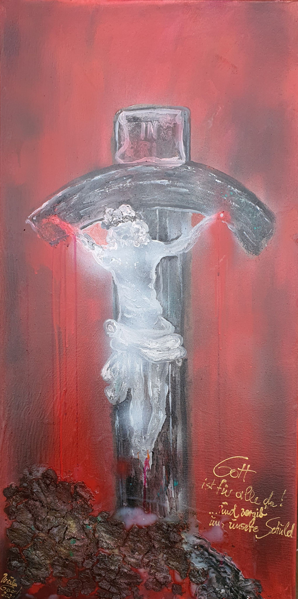 ...und vergib' uns unsere Schuld (...and forgive us our debts), Acryl on Canvas 50 X 100 X 1,5 cm 