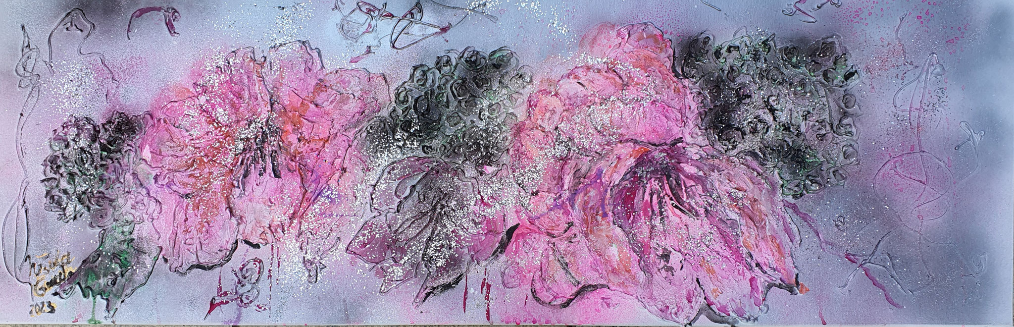 flowers of love (Technic: Acrylic, Spray,Glitter Mixed Media)  on Canvas 40 X 120 x 1,5 cm