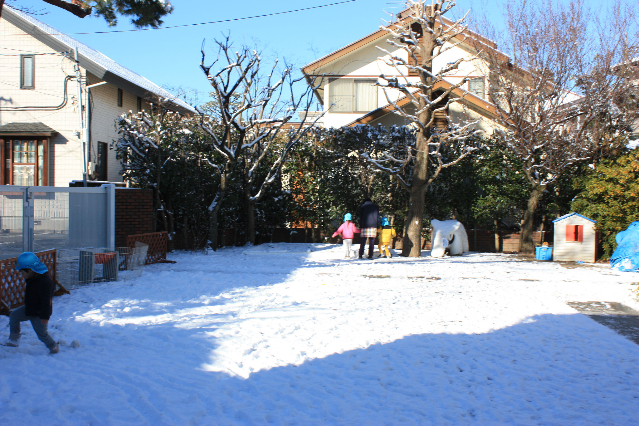 雪が降りましたね。園庭も雪のペンキ屋さんが真っ白く染めに来ました。