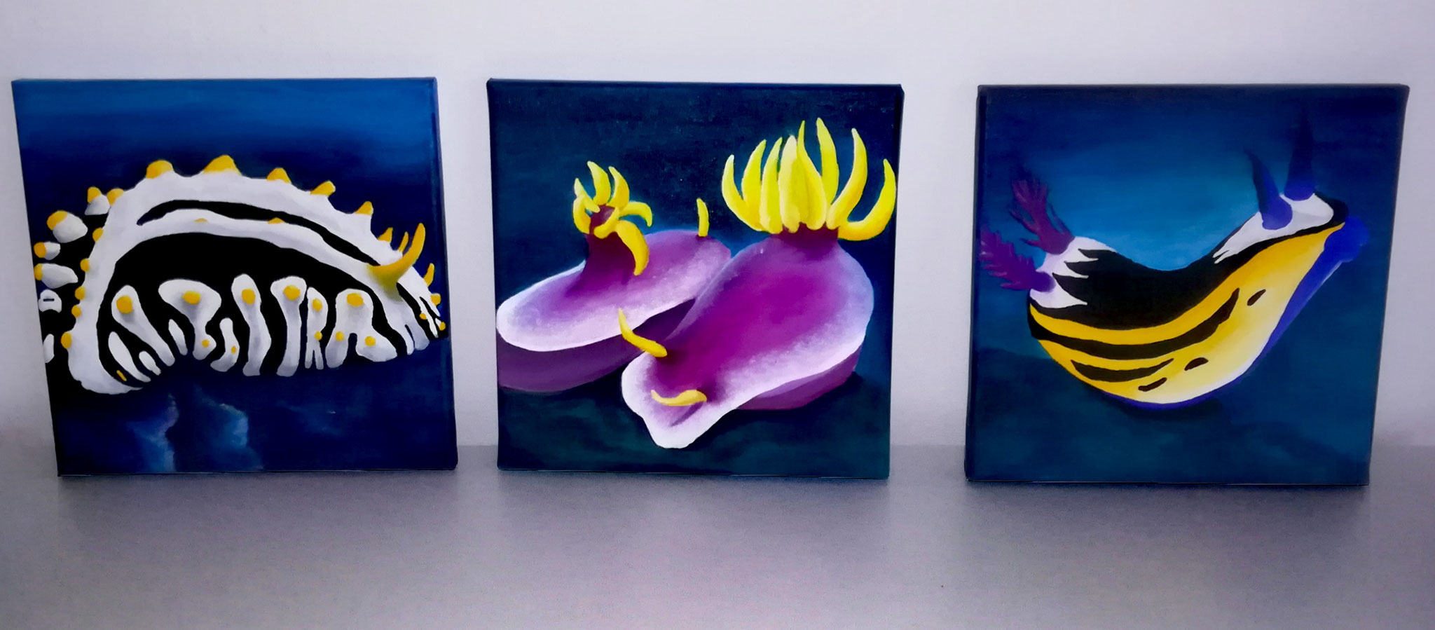 Meeresschnecken (linke schwarz-weiße Schnecke ist nicht mehr verfügbar) / 3 Leinwände / 30 x 30 cm/ Mischtechnik auf Leinwand / 2019