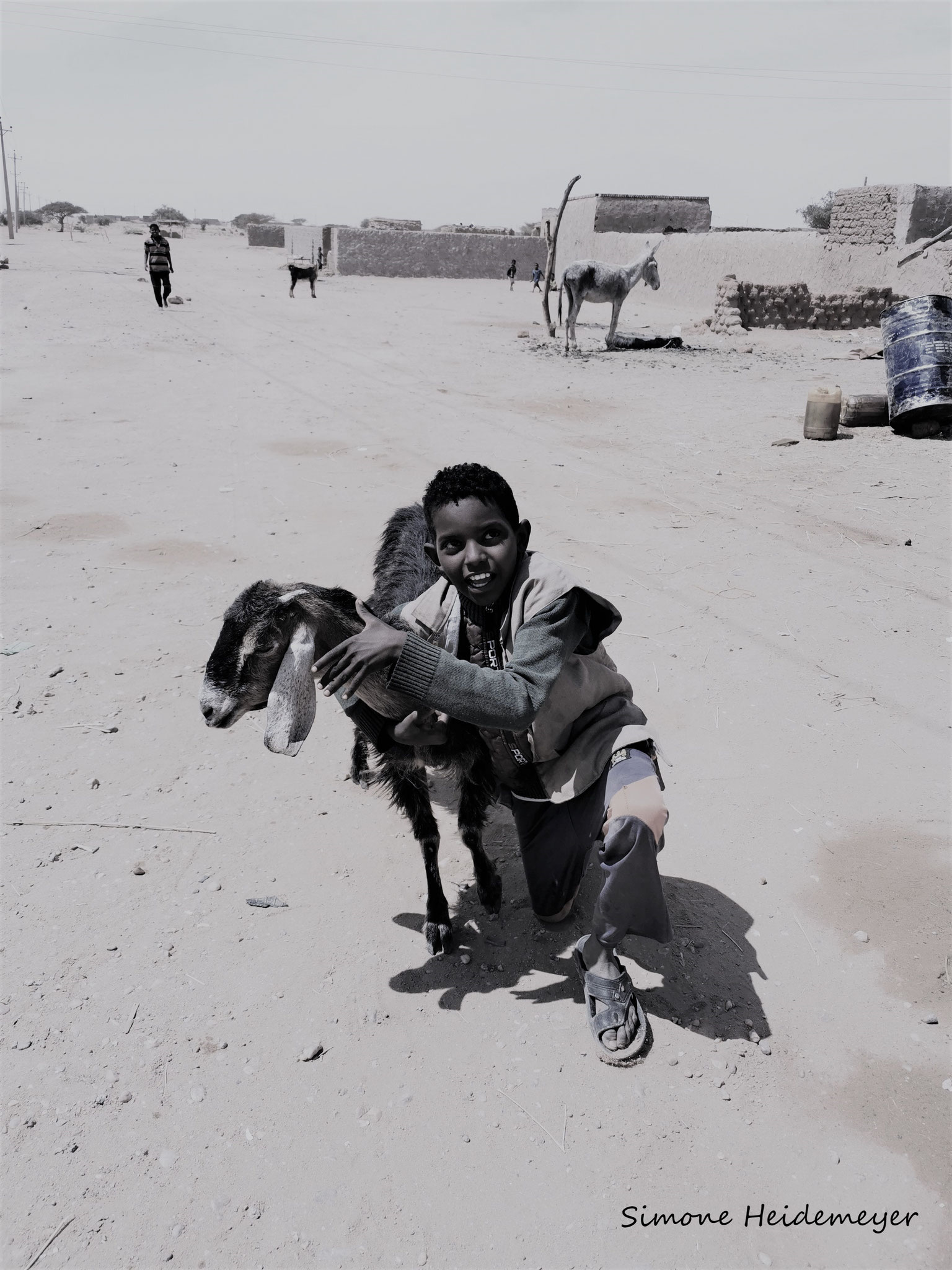 Der Junge und seine Ziege in der Wüste Sudans