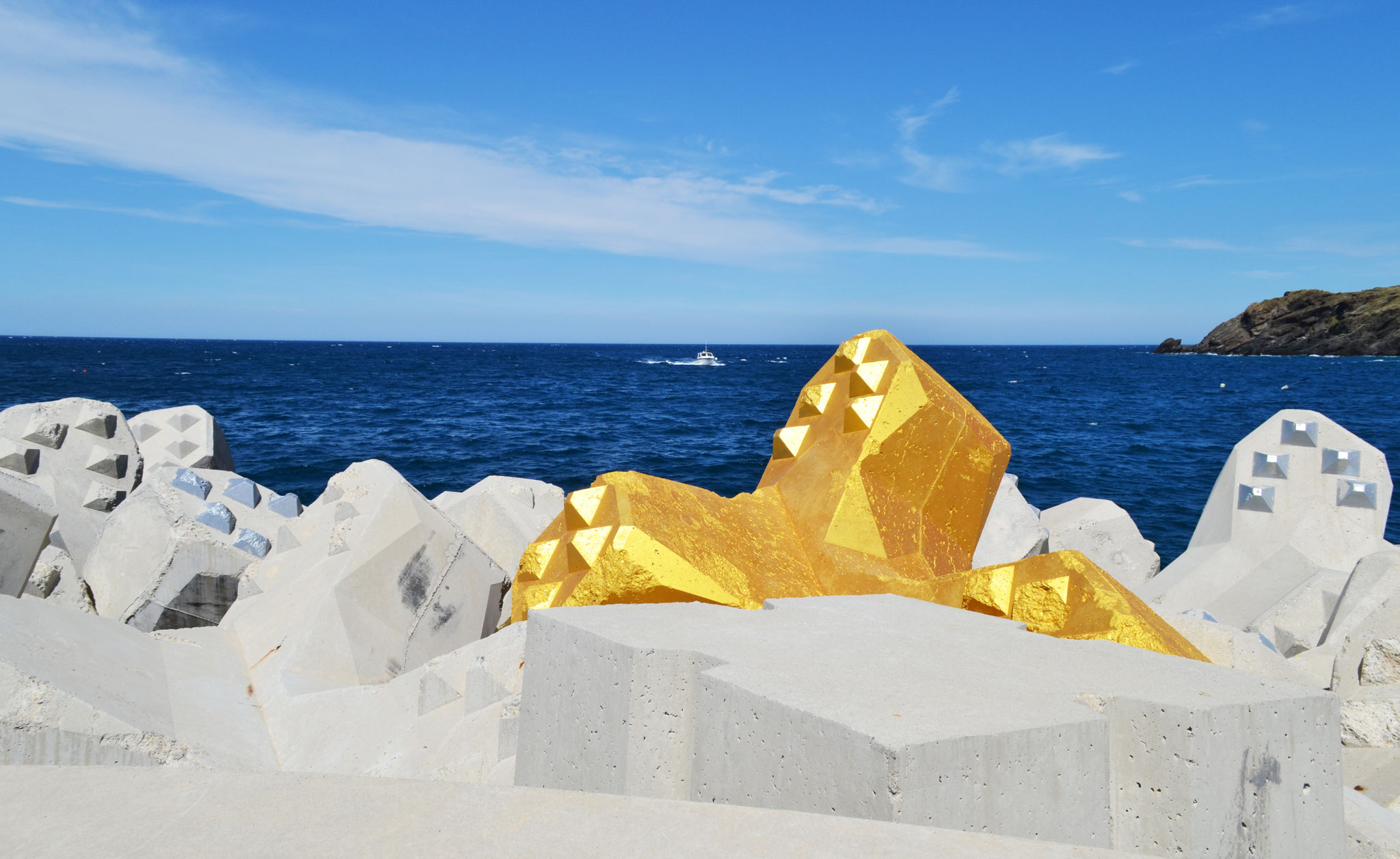 Marine Provost, Le Chant des Sirènes, acropode de la digue, peinture minérale dorée, Cerbère (66290), 2018.