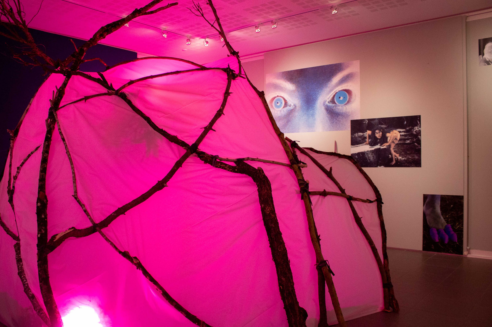 Refuge, cabane réalisée avec l’aide précieuse de Lucas Elzière et Camille Guitare, bois mort de la forêt du lac de Trémelin, chambre à air, bâches recyclées. Production L’aparté, 2023