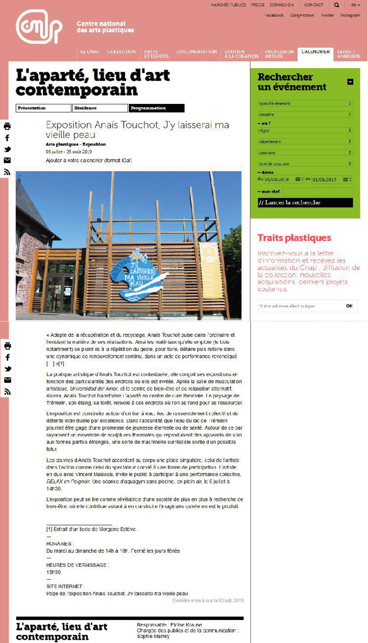 Annonce sur le site du CNAP