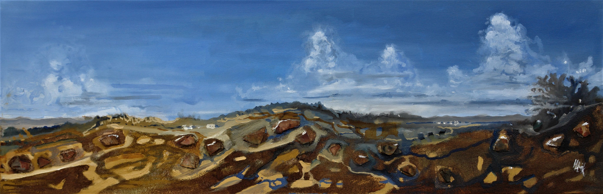 Colinas com nuvens - oleo com areia e xisto na tela - 90 x 30 cm -             