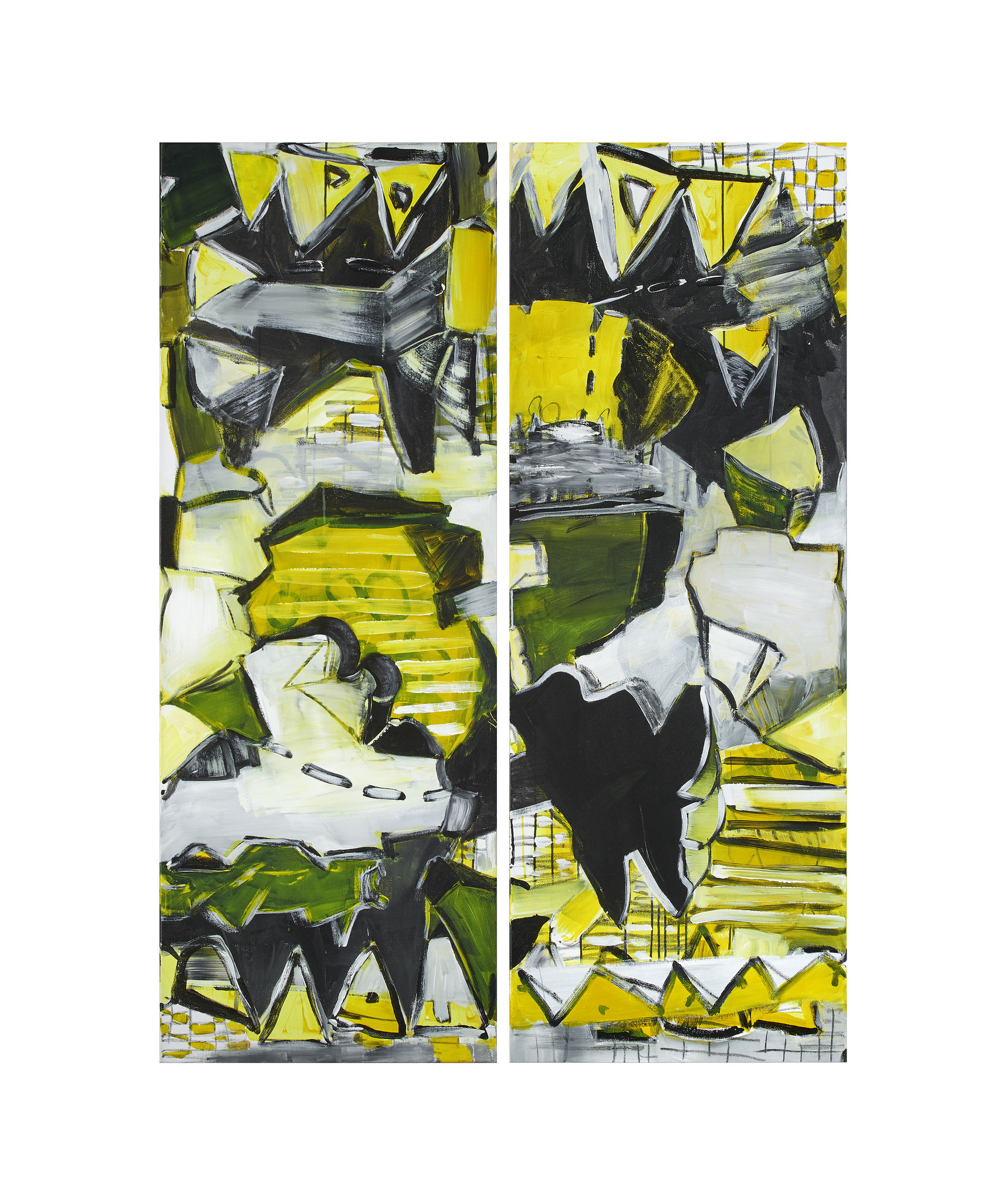 Rushhour 27 (Diptychon), 2023, Acryl Kohle und Pastell auf Lwd., 150 x 110cm.