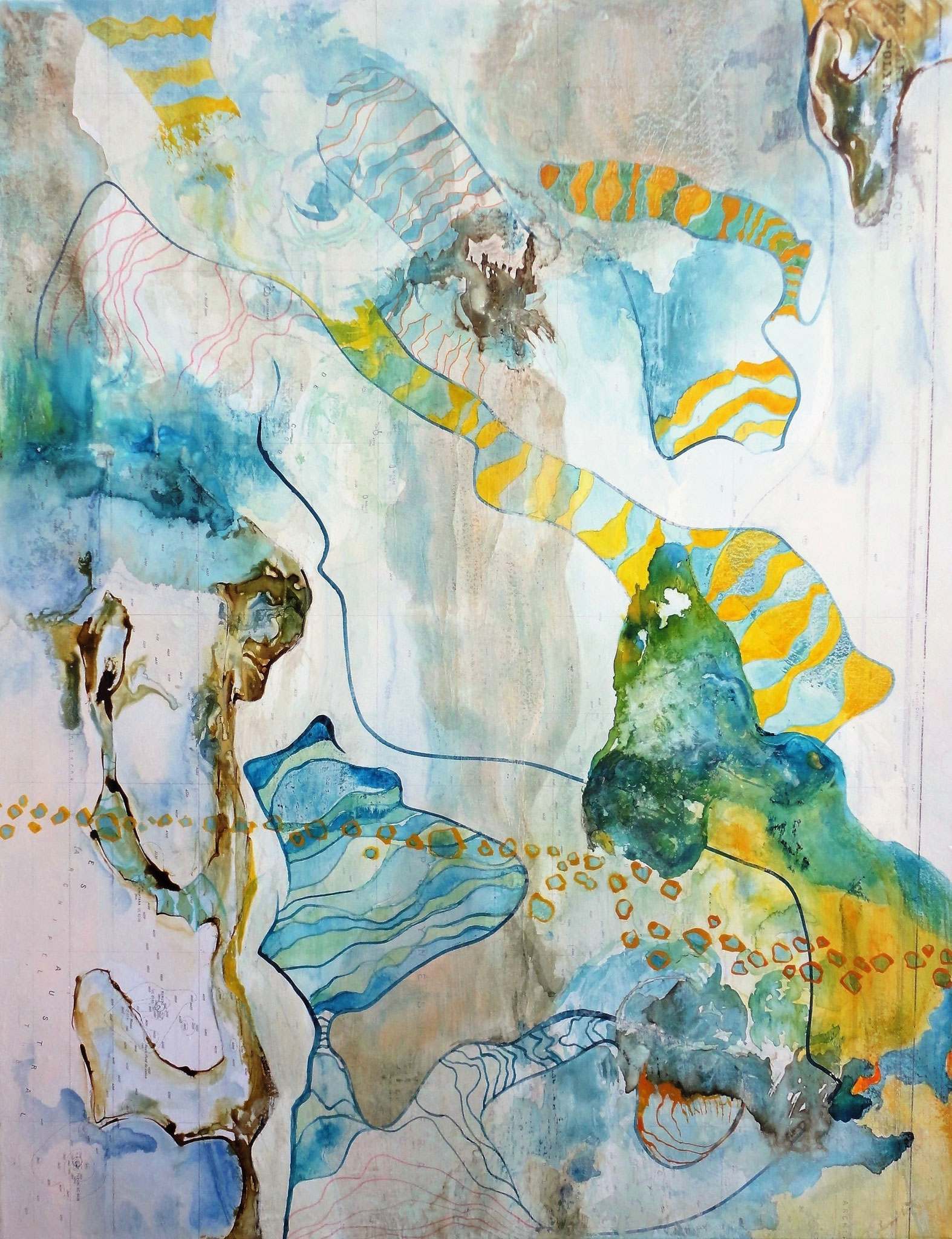 ALEX'SANDRA, "Archipelsideraux #2", Techniques mixtes sur carte marine marouflée sur toile, 90x70 cm, 1400€