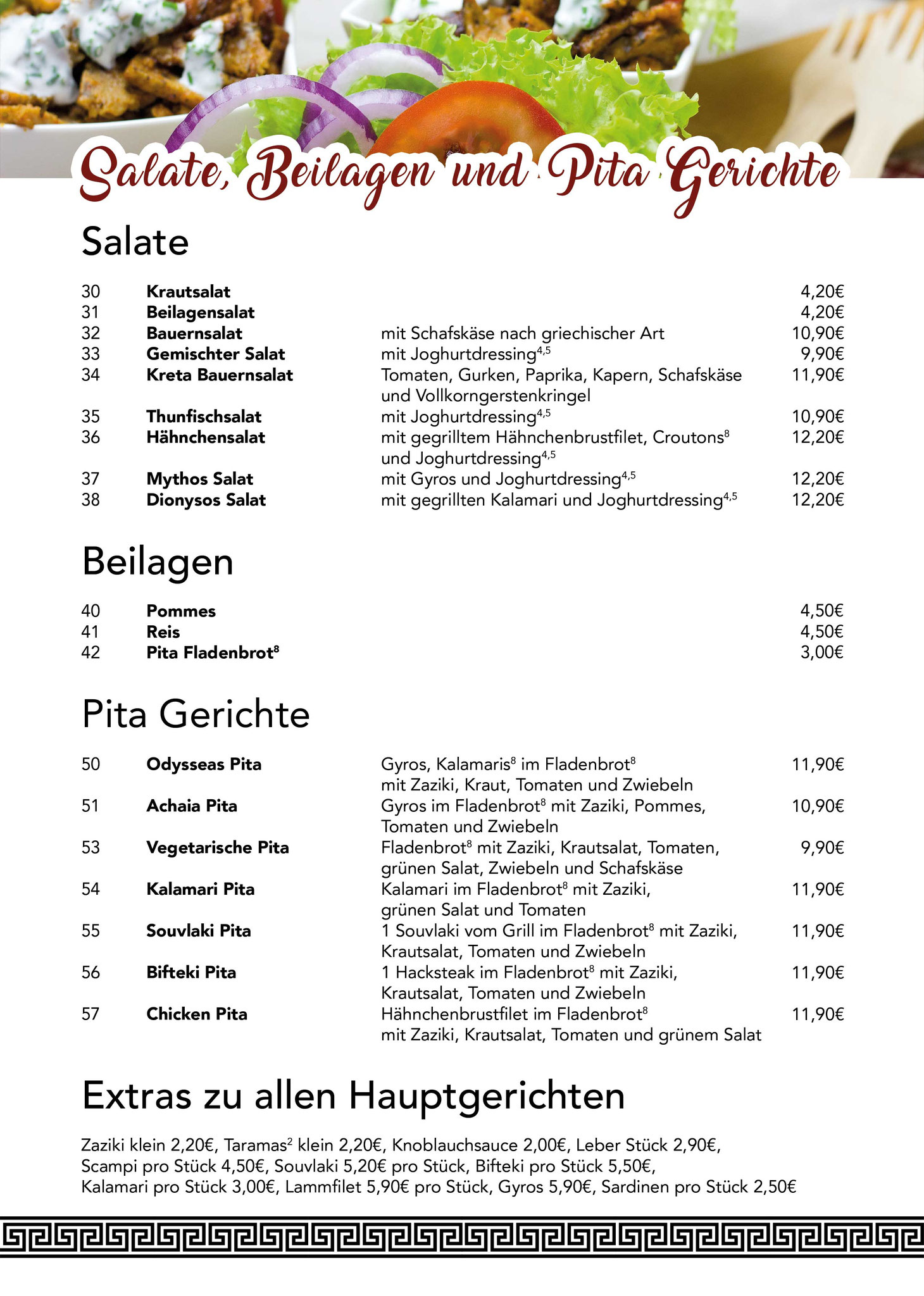 Speisekarte Restaurant Mythos Mitterteich Salate und Beilagen