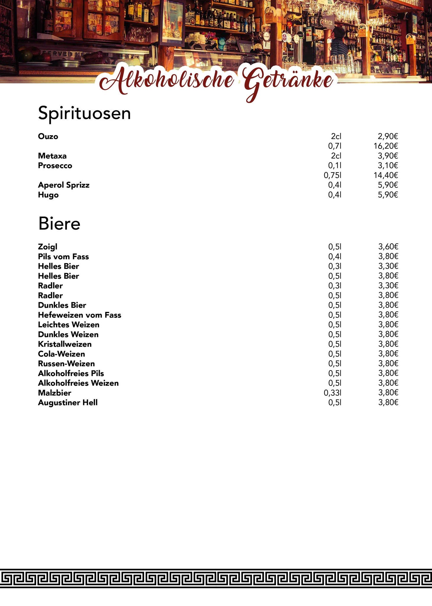 Speisekarte Restaurant Mythos Mitterteich alkoholische Getränke