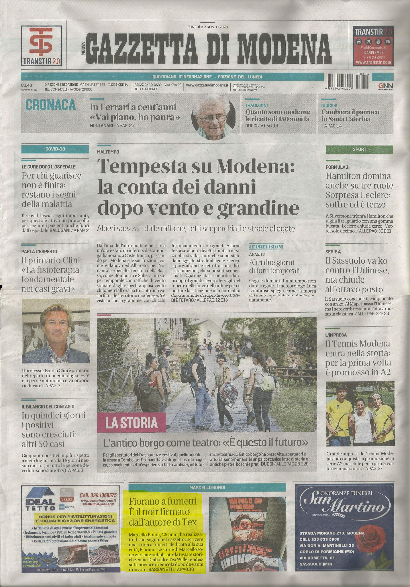 3 Agosto 2020 - Gazzetta Di Modena (Prima Pagina)