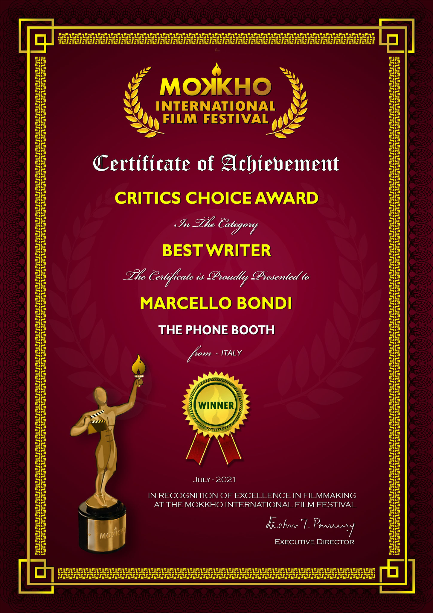 Mokkho International Film Festival 2021 Certificate (Critics Choice Award - Best Writer)