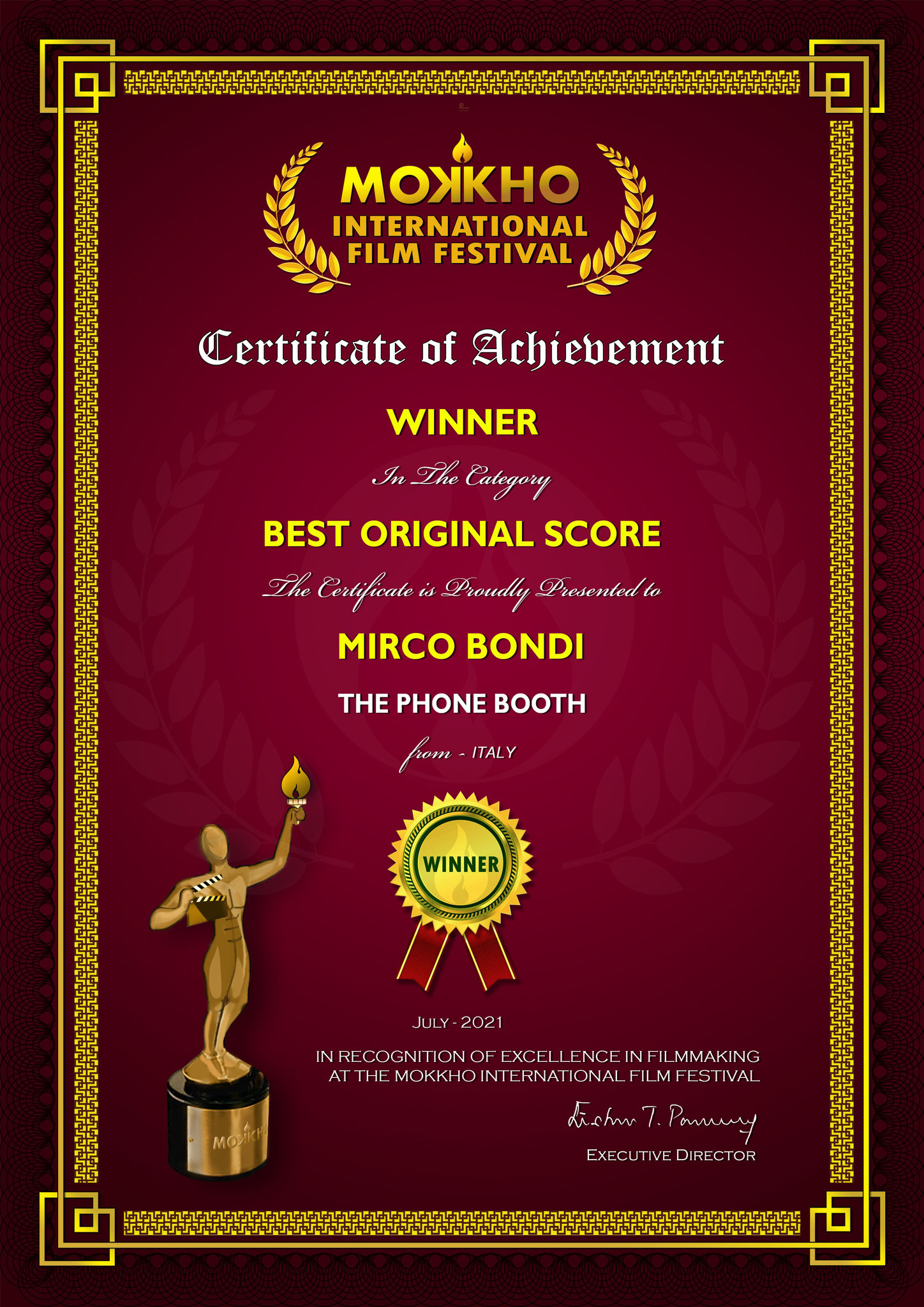 Mokkho International Film Festival 2021 Certificate (Winner - Best Original Score)