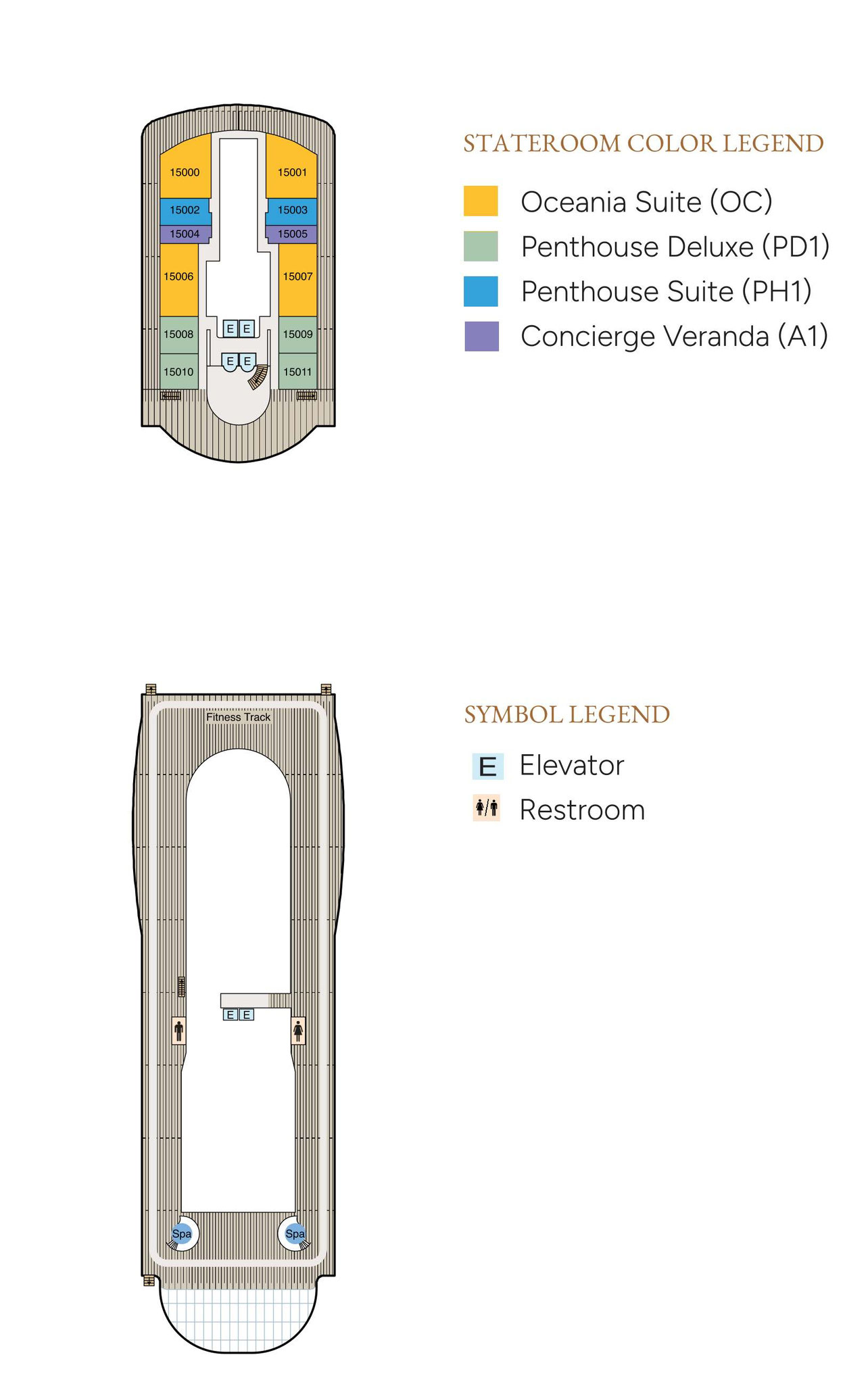 Der Plan von Deck 15 der Oceania Sonata