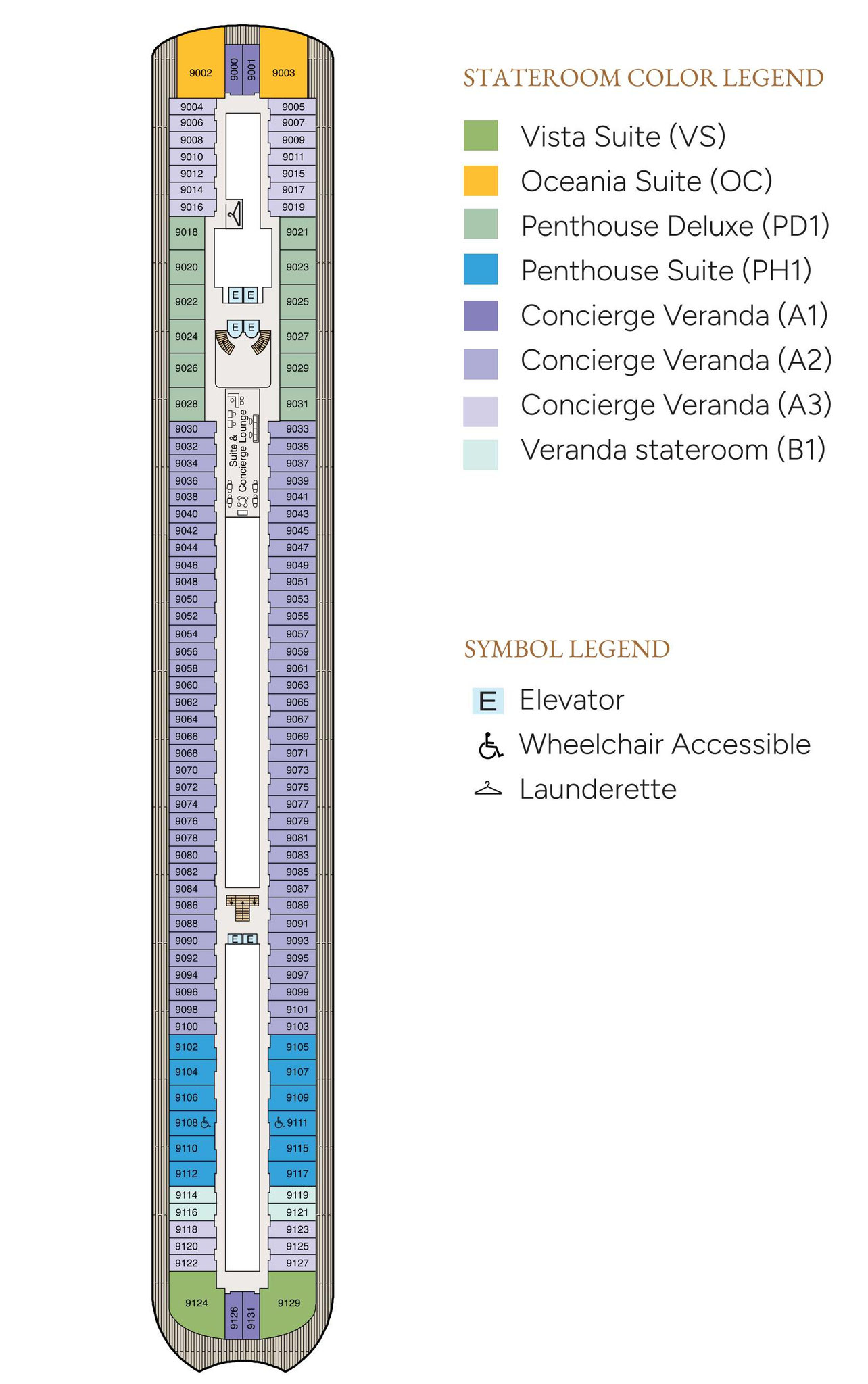 Der Plan von Deck 9 der Oceania Sonata