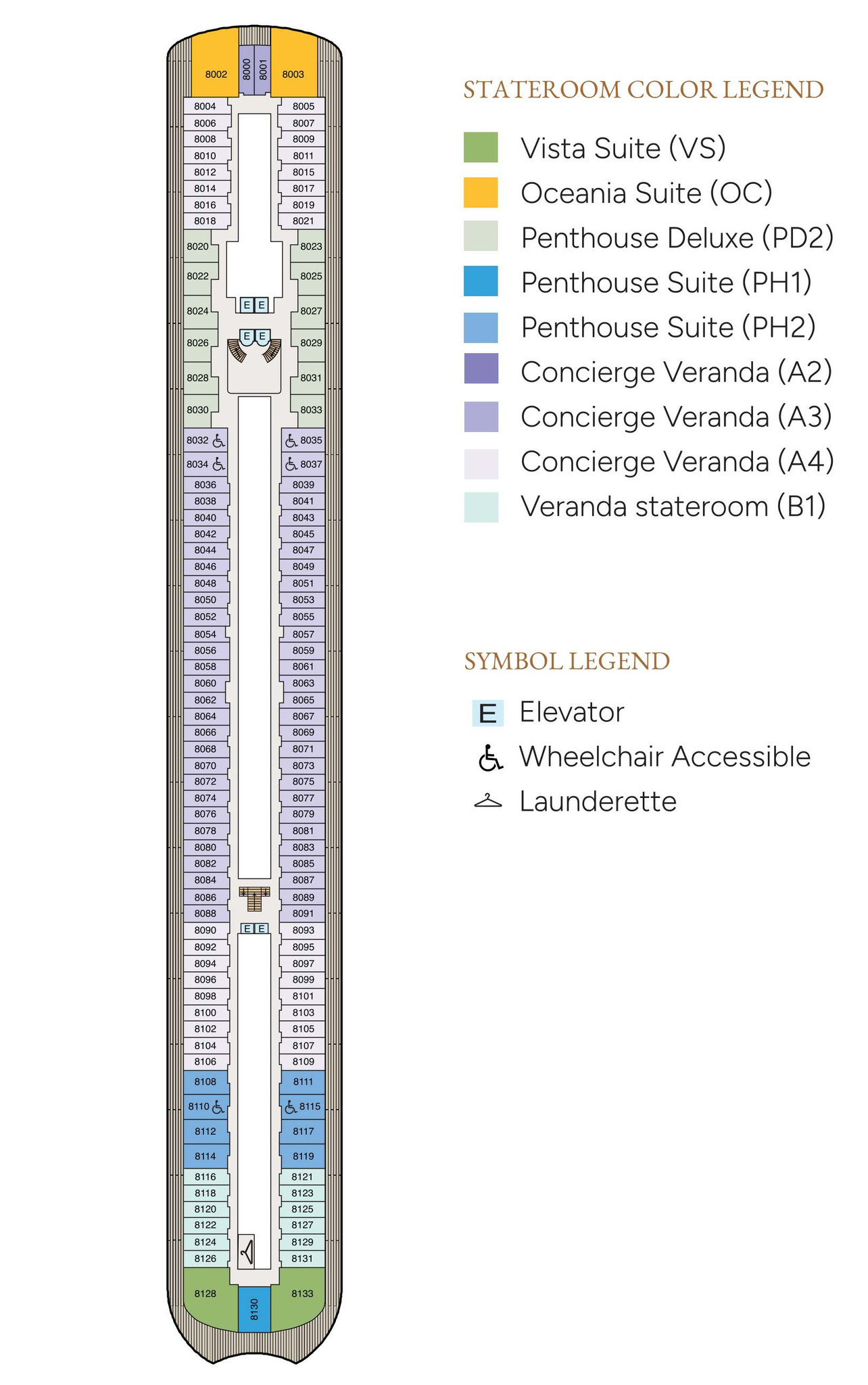 Der Plan von Deck 8 der Oceania Sonata
