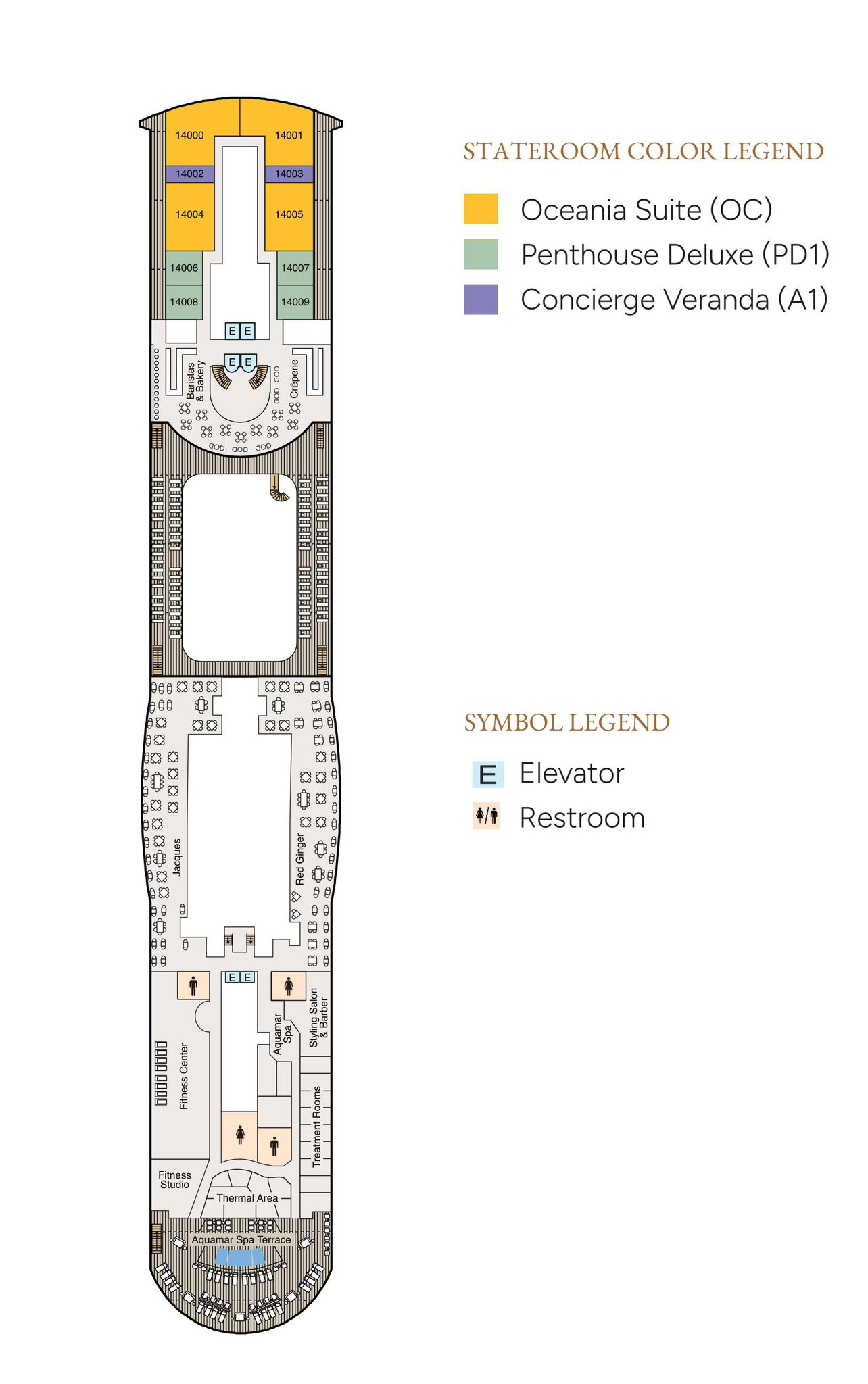 Der Plan von Deck 14 der Oceania Sonata