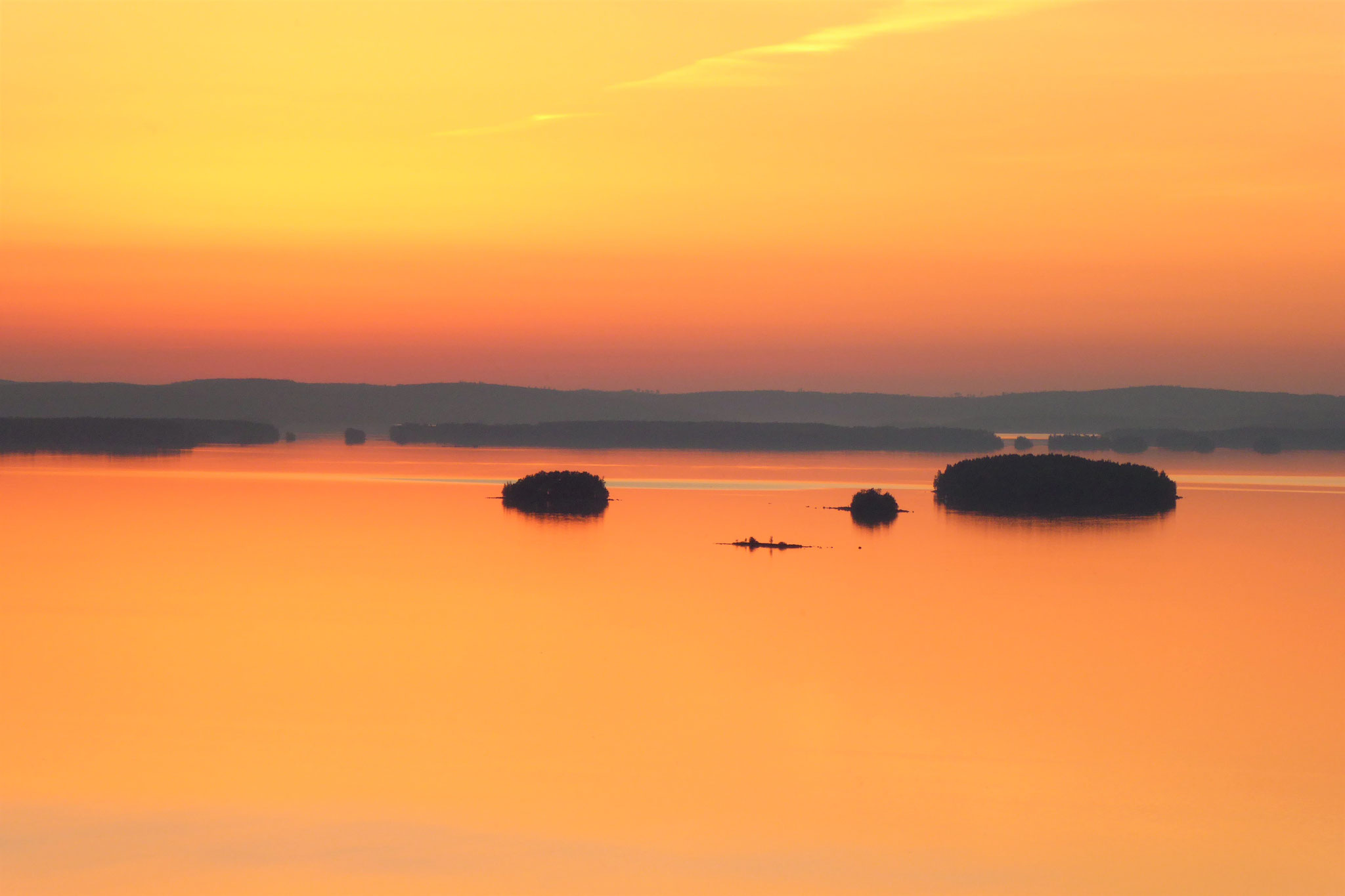 Finnish summer nights in Lake Päijänne National Park. View from the observation tower, 1.5 km from the log house