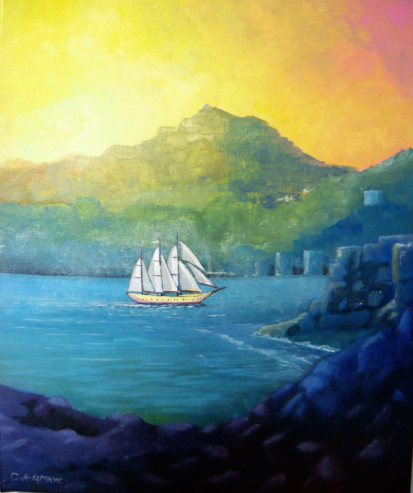 Voilier blanc. 38 x 46 cm. Cote 2023: 432€. Prix public  350€. Encadré.