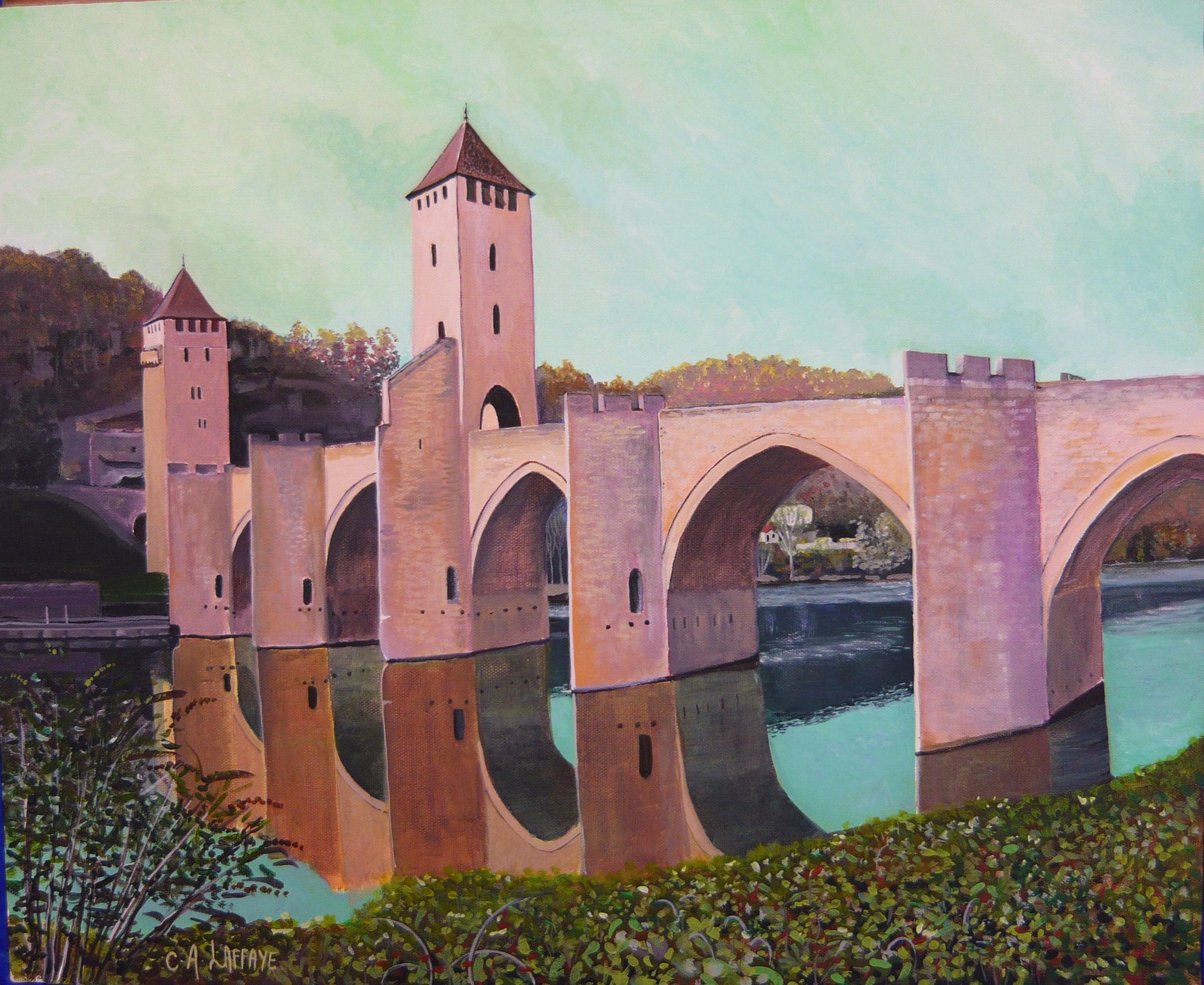 Le Pont Valentré à Cahors. 61 x 46 cm. Cote 2023: 648€. Prix public 500€. Encadré. 