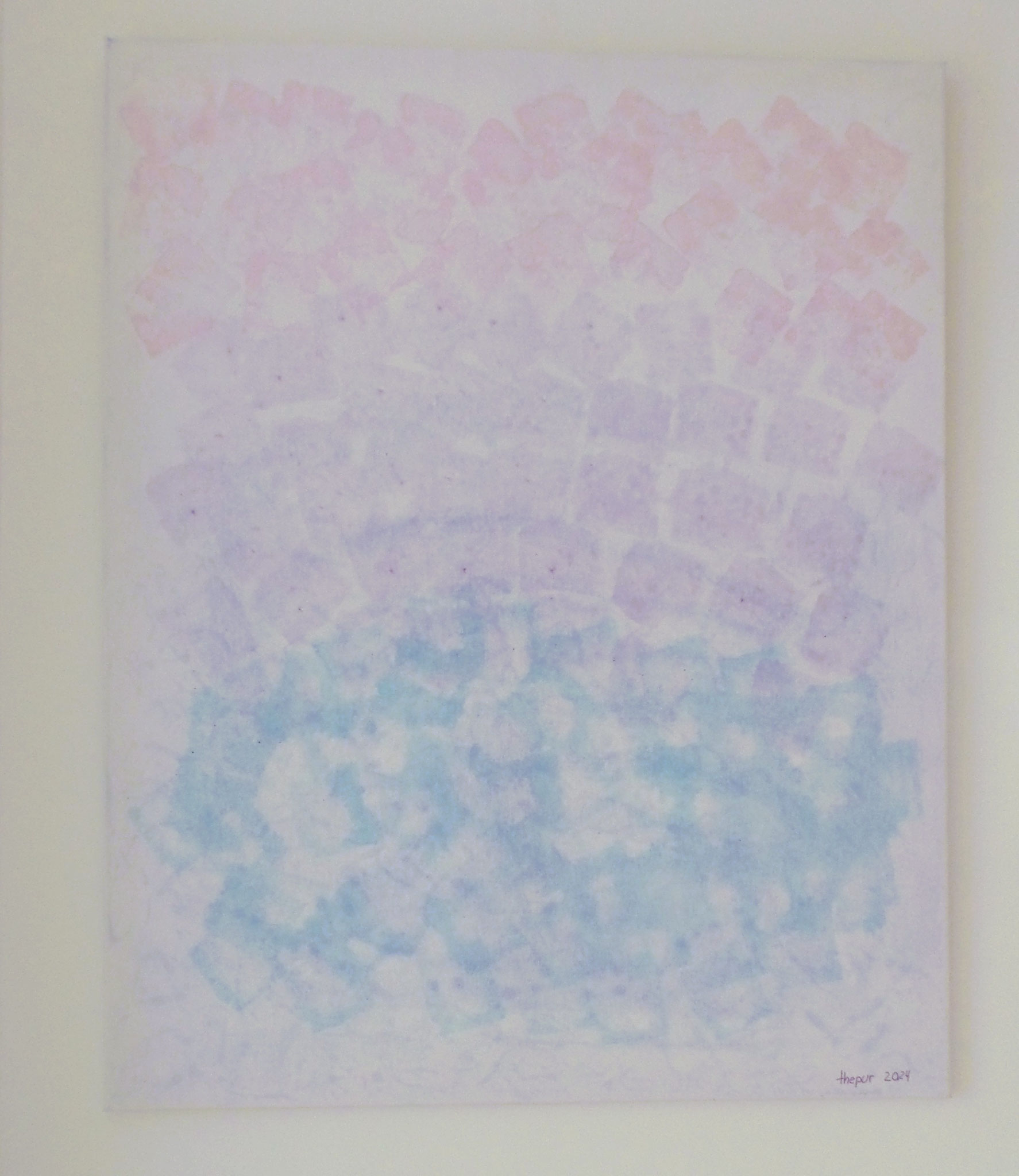 Auf diesem Gemälde verbinden sich das zarte Rosé mit dem feinem Hellblau zu einem verwobenen Lila und Violett.