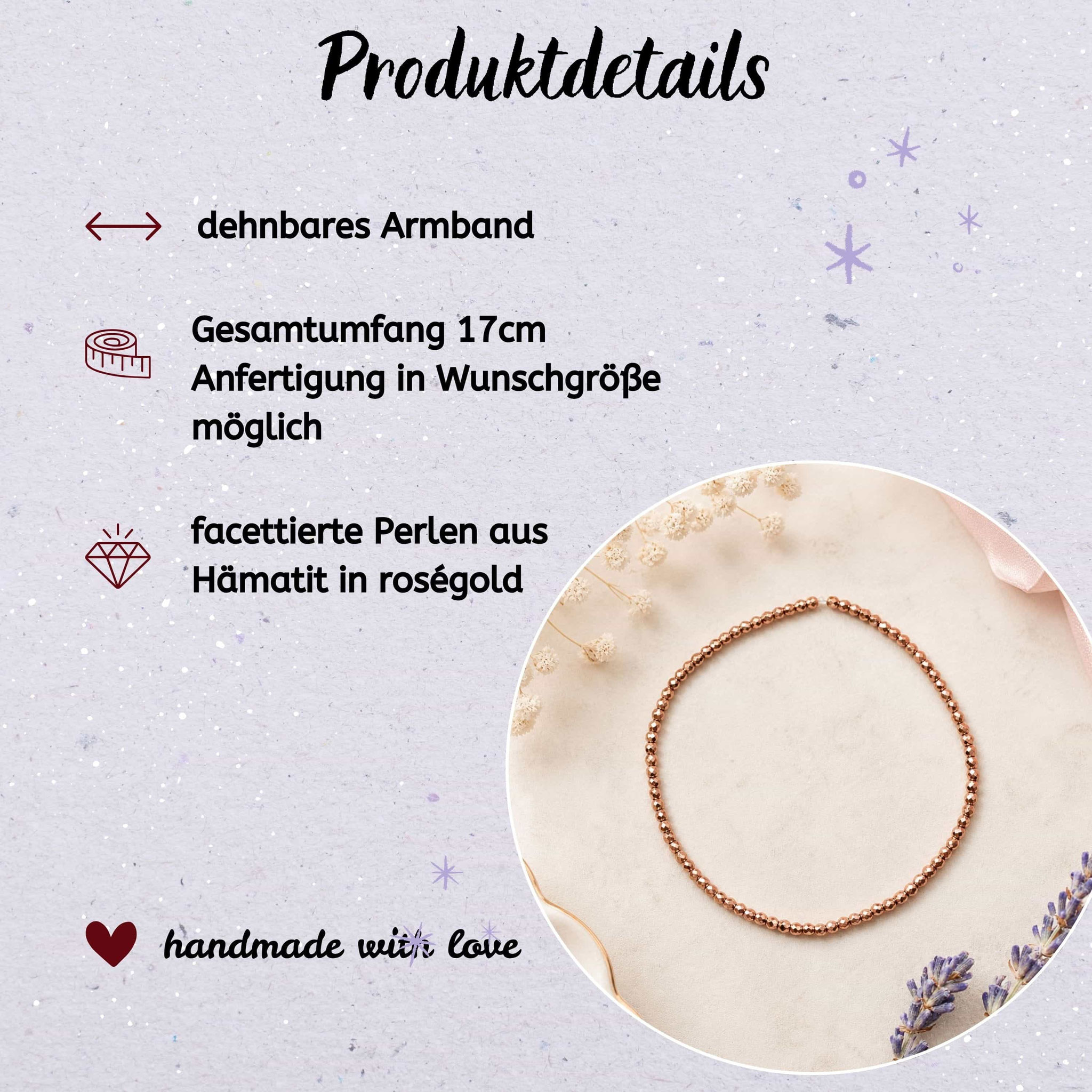 Produktkarte mit Infos zu einem rosegoldenen Hämatit-Armband und Detailfoto.