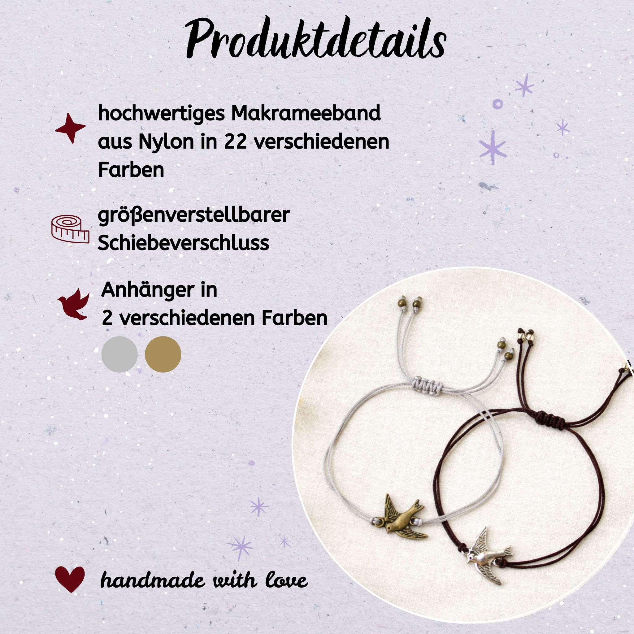Produktinfo zu Makramee‑Armbändern mit Vogelanhänger, Farben und Details.