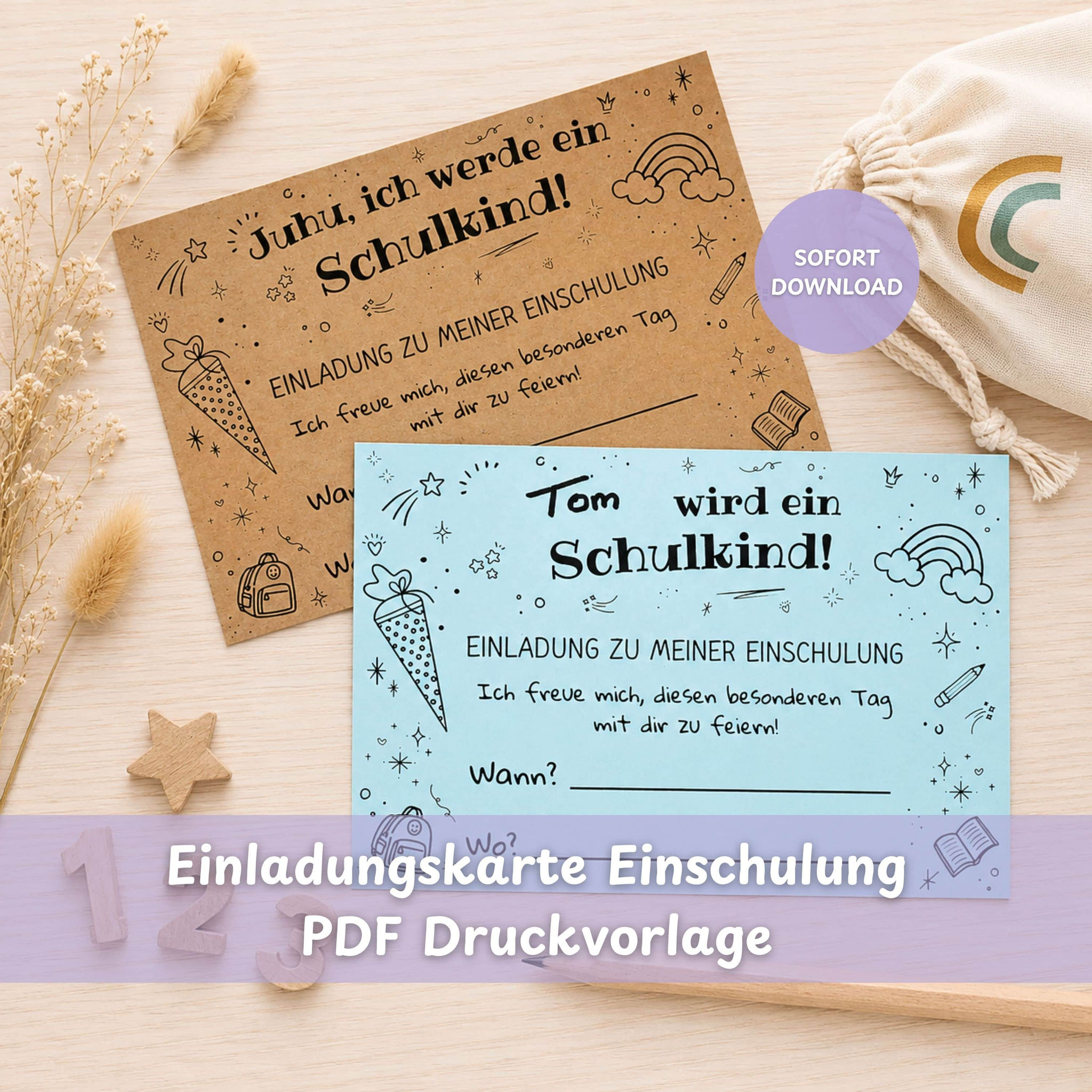 Digitale Einladungskarte zur Einschulung als PDF-Vorlage zum Sofortdownload, personalisierbar für Schulanfang und Feier.