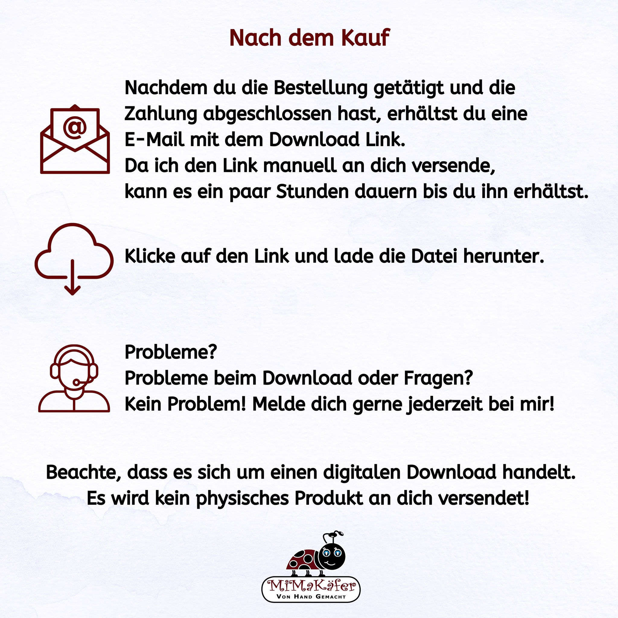 Hinweisgrafik zum digitalen Download mit Infos zum Erhalt des Links und Support für das Herunterladen.