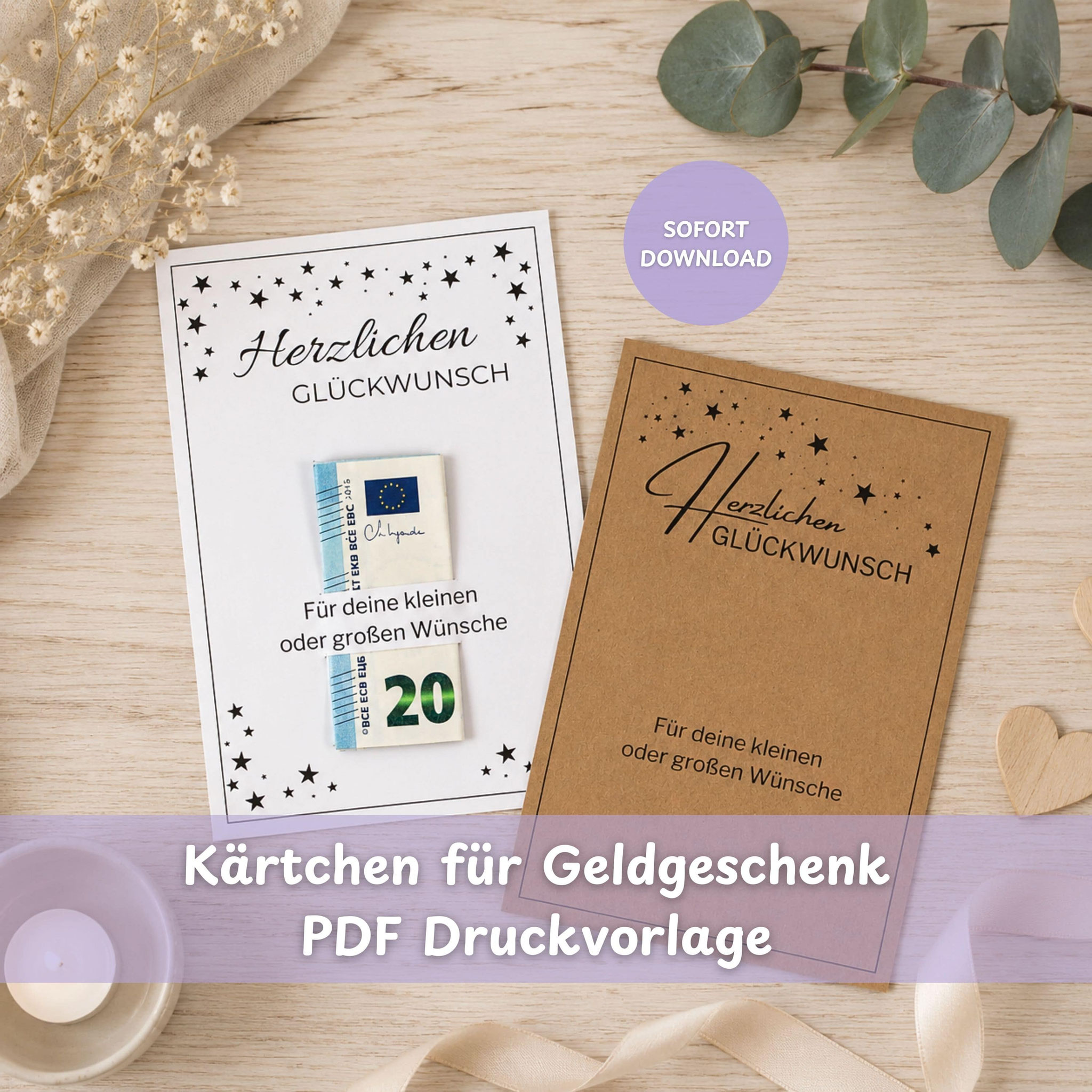 PDF-Druckvorlage für Geldgeschenk: Glückwunsch-Kärtchen zum Ausdrucken mit Sofort-Download