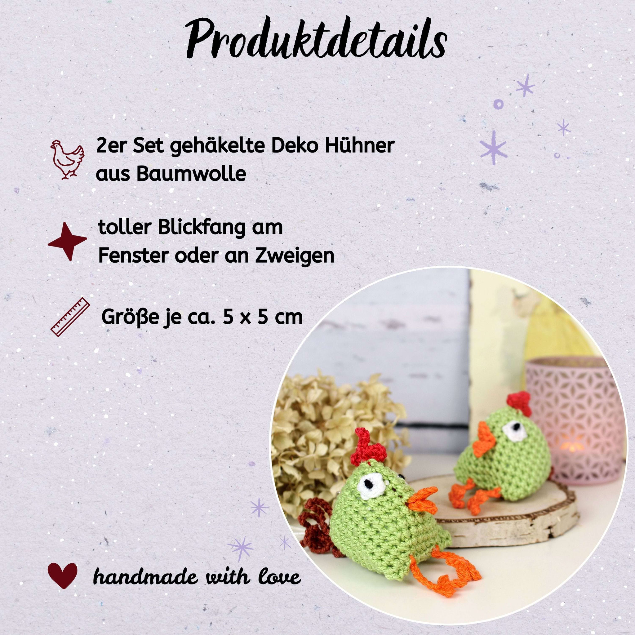 Handgemachte gehäkelte Mini-Hühner als Osterdeko, 2er Set aus Baumwolle, liebevoll arrangiert für Produktpräsentation.