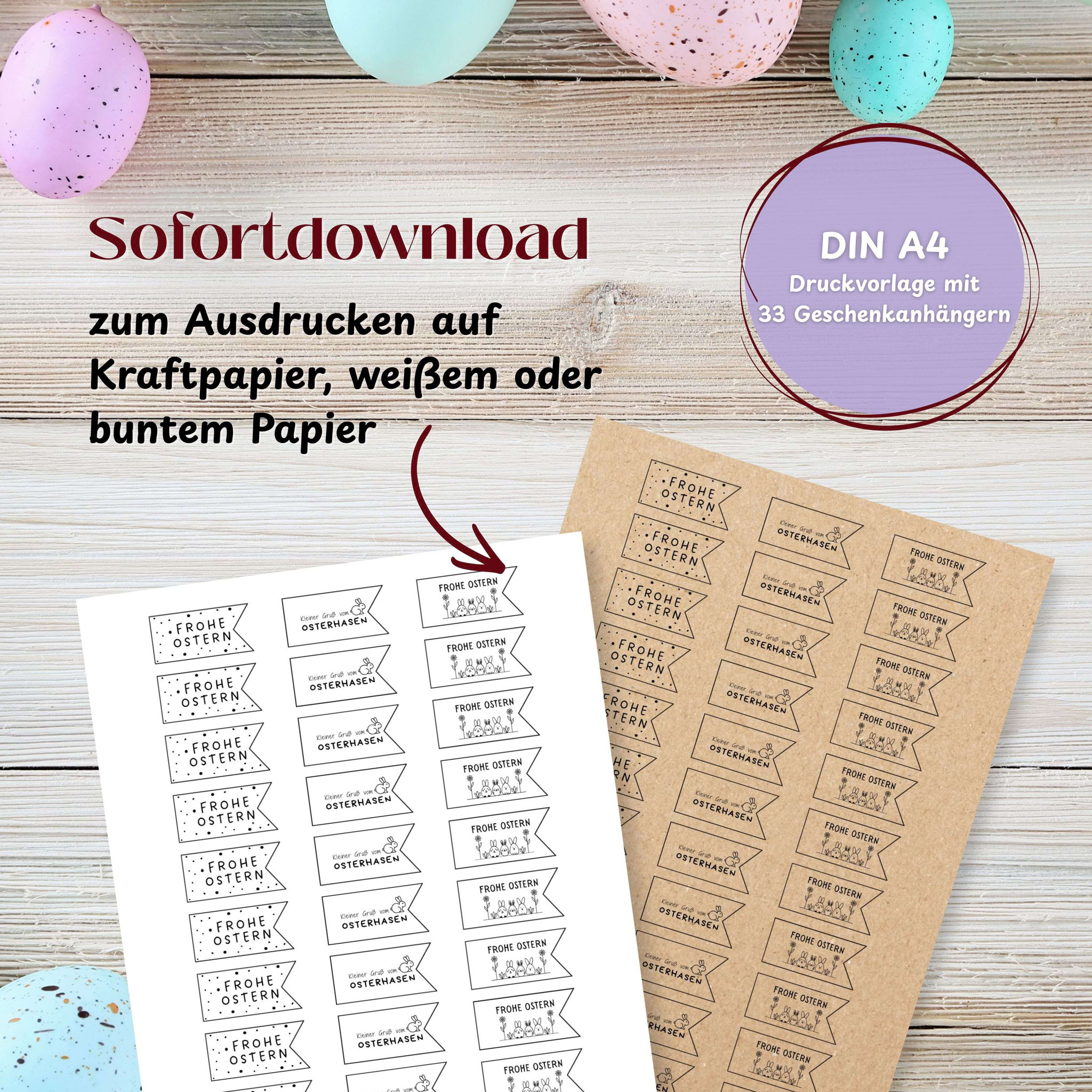 Oster‑Geschenkanhänger als PDF‑Druckvorlage auf Kraft‑ und Weißpapier, dekorativ präsentiert für sofortigen Download.