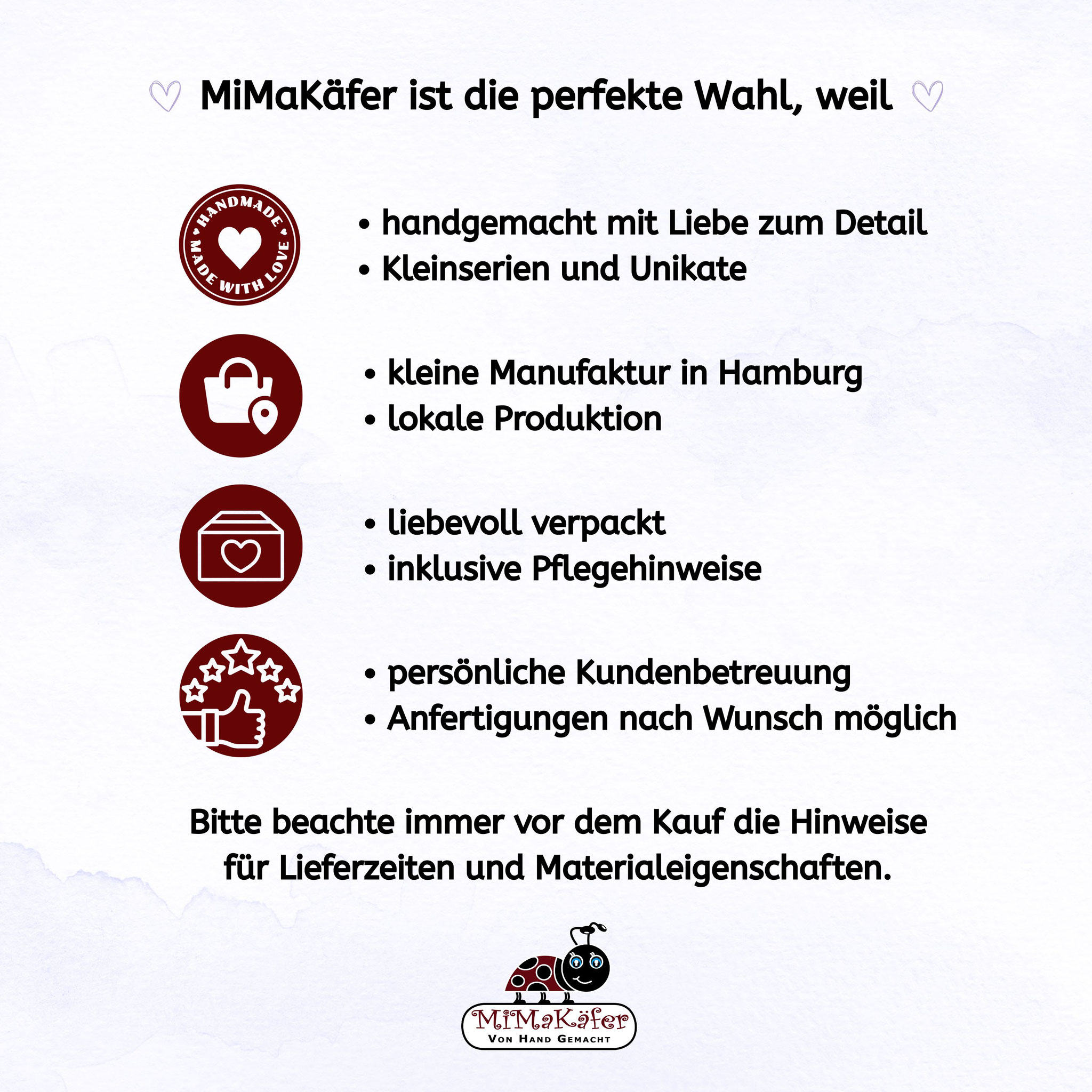 Grafik mit Gründen für MiMaKäfer: handgemacht, lokal, liebevoll verpackt – Markenpräsentation mit Logo.