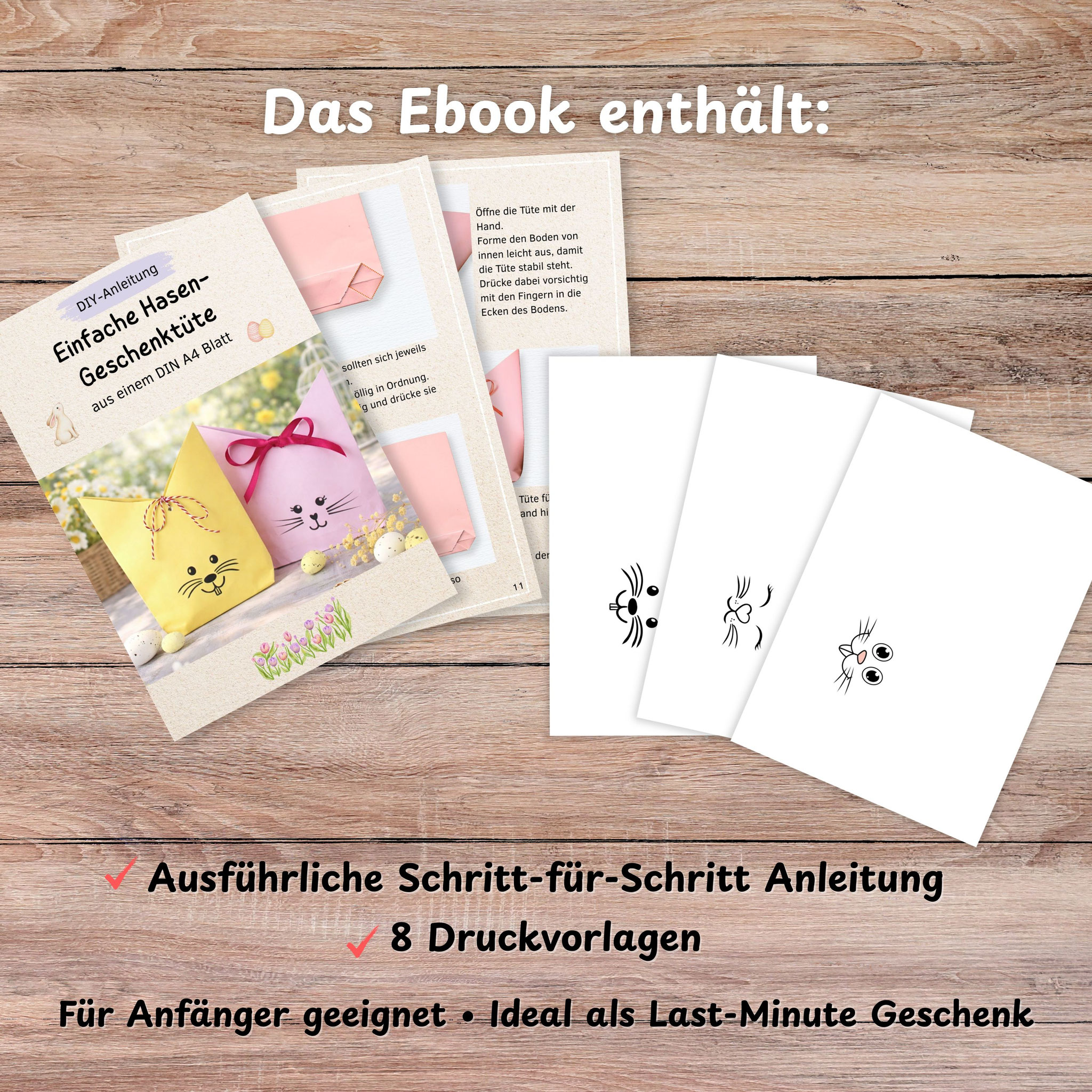 DIY‑Ebook mit Anleitung und Vorlagen für eine einfache Osterhasen‑Geschenktüte aus einem DIN‑A4‑Blatt.