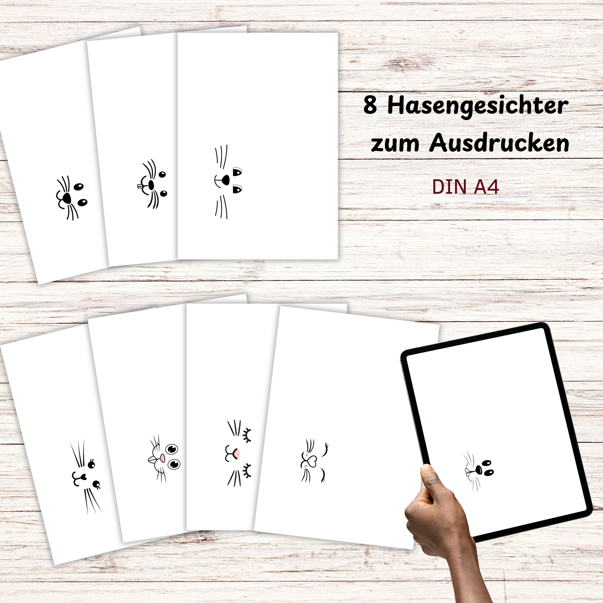 8 minimalistische Hasengesichter als DIN‑A4‑Vorlagen zum Ausdrucken für DIY‑Osterdeko und Bastelprojekte.