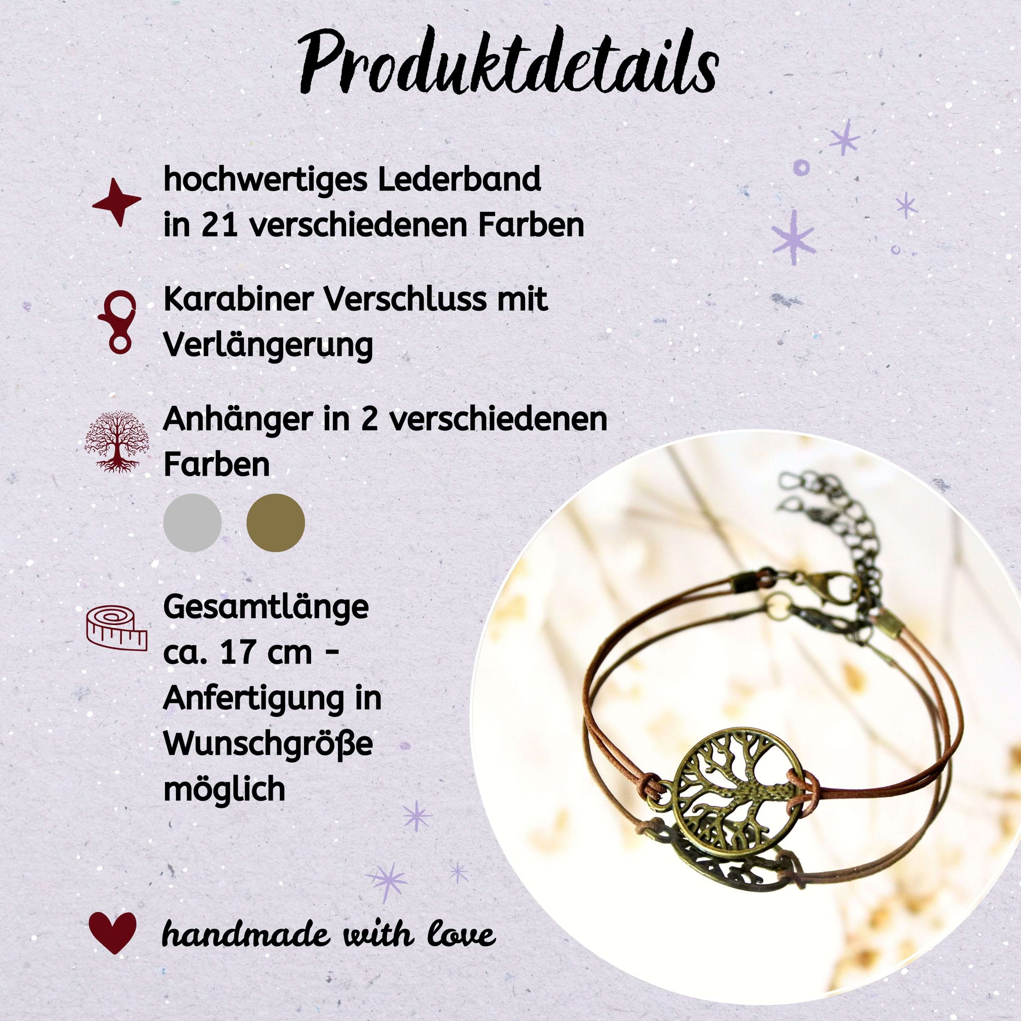 Produktdetailfoto eines handgemachten Lederarmbands mit Lebensbaum-Anhänger in verschiedenen Farben.