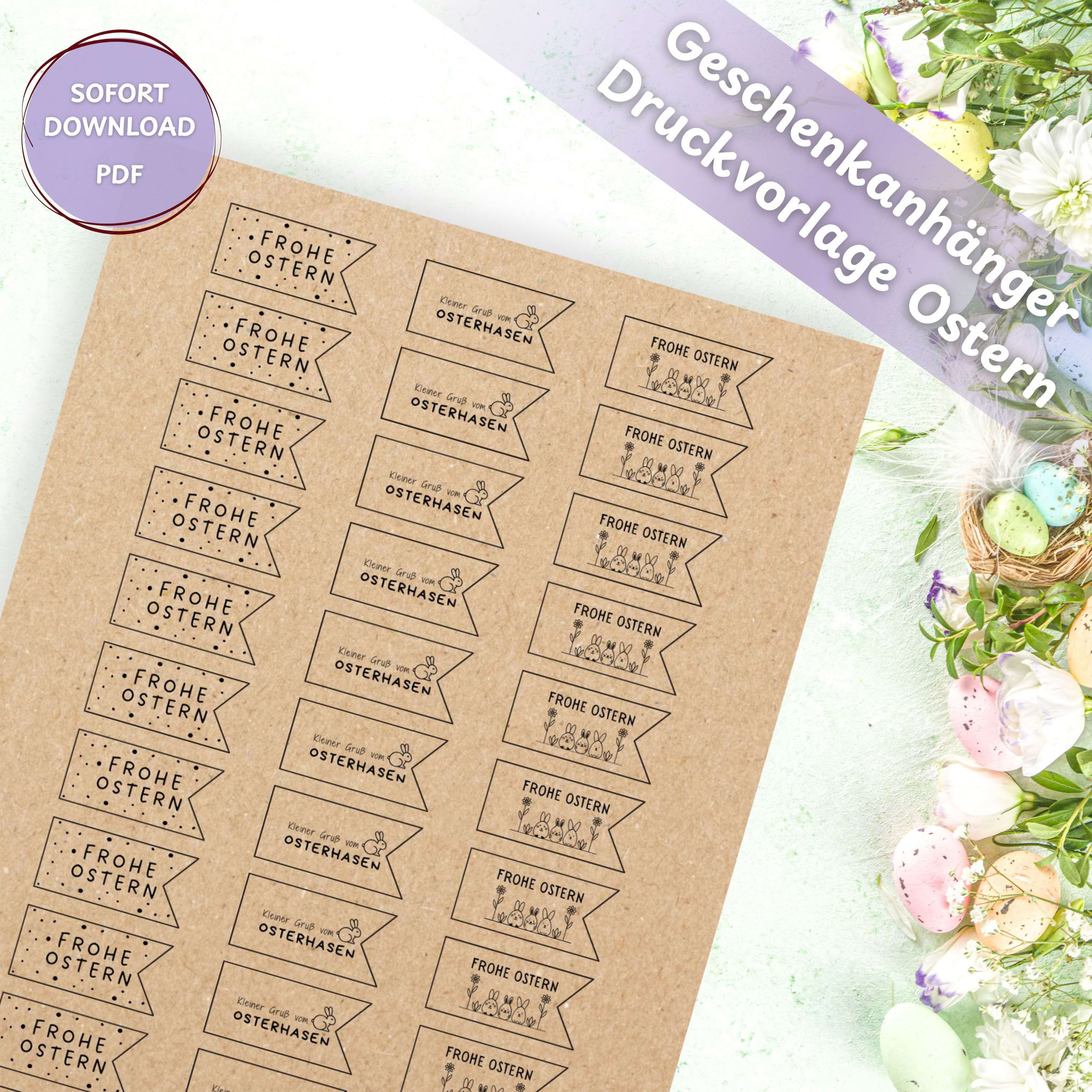 Oster‑Geschenkanhänger als PDF‑Druckvorlage auf Kraftpapier, dekorativ präsentiert für sofortigen Download.