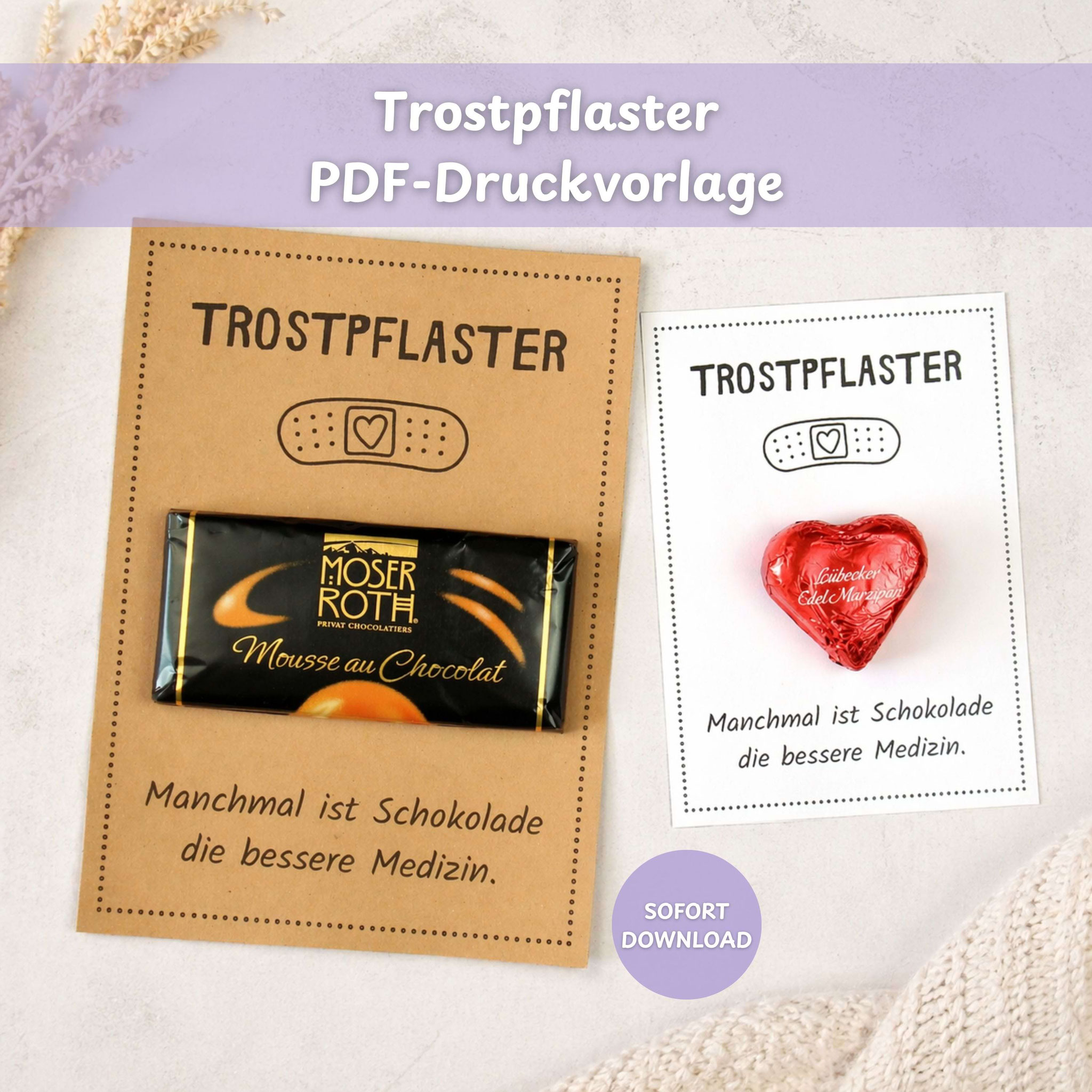 Trostpflaster‑Kärtchen mit Schokolade als kleines Aufmunterungsgeschenk, DIY PDF‑Vorlage zum Sofort‑Download.