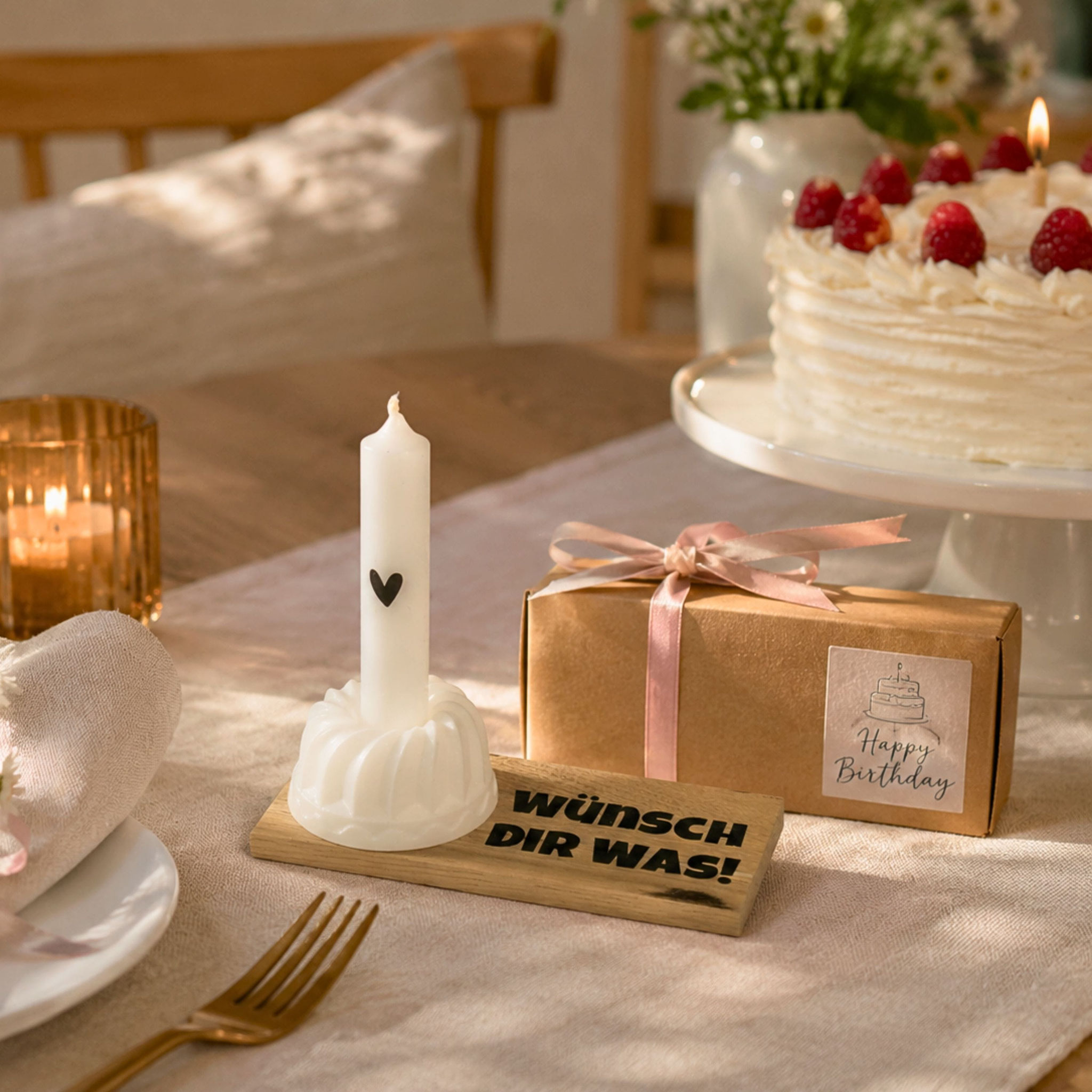 Geburtstagsdeko mit Holzbrett „Wünsch dir was“, Kerze, Geschenkbox und Kuchen.