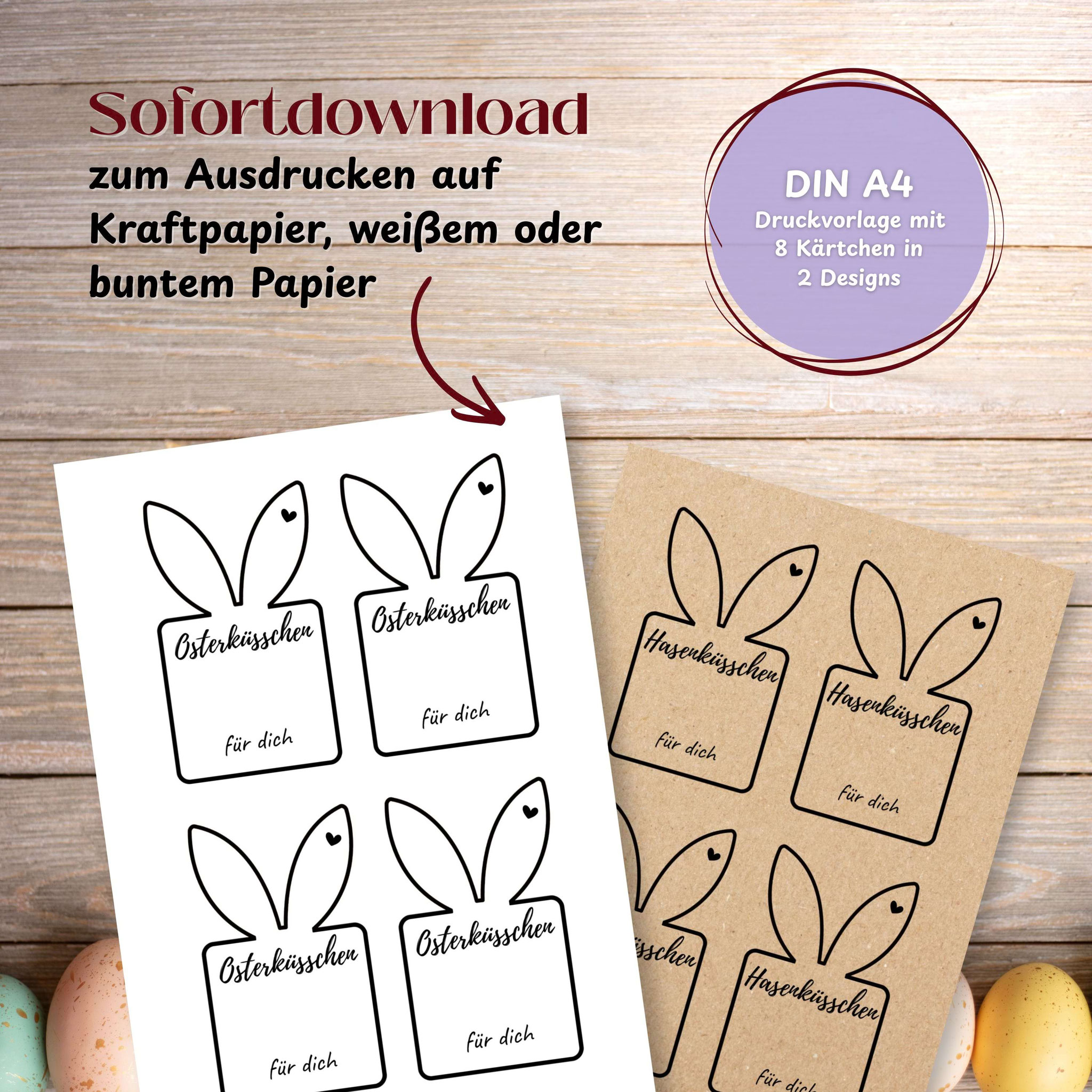 Osteranhänger als PDF‑Druckvorlage mit Hasenmotiven auf Weiß und Kraftpapier zum Ausdrucken.