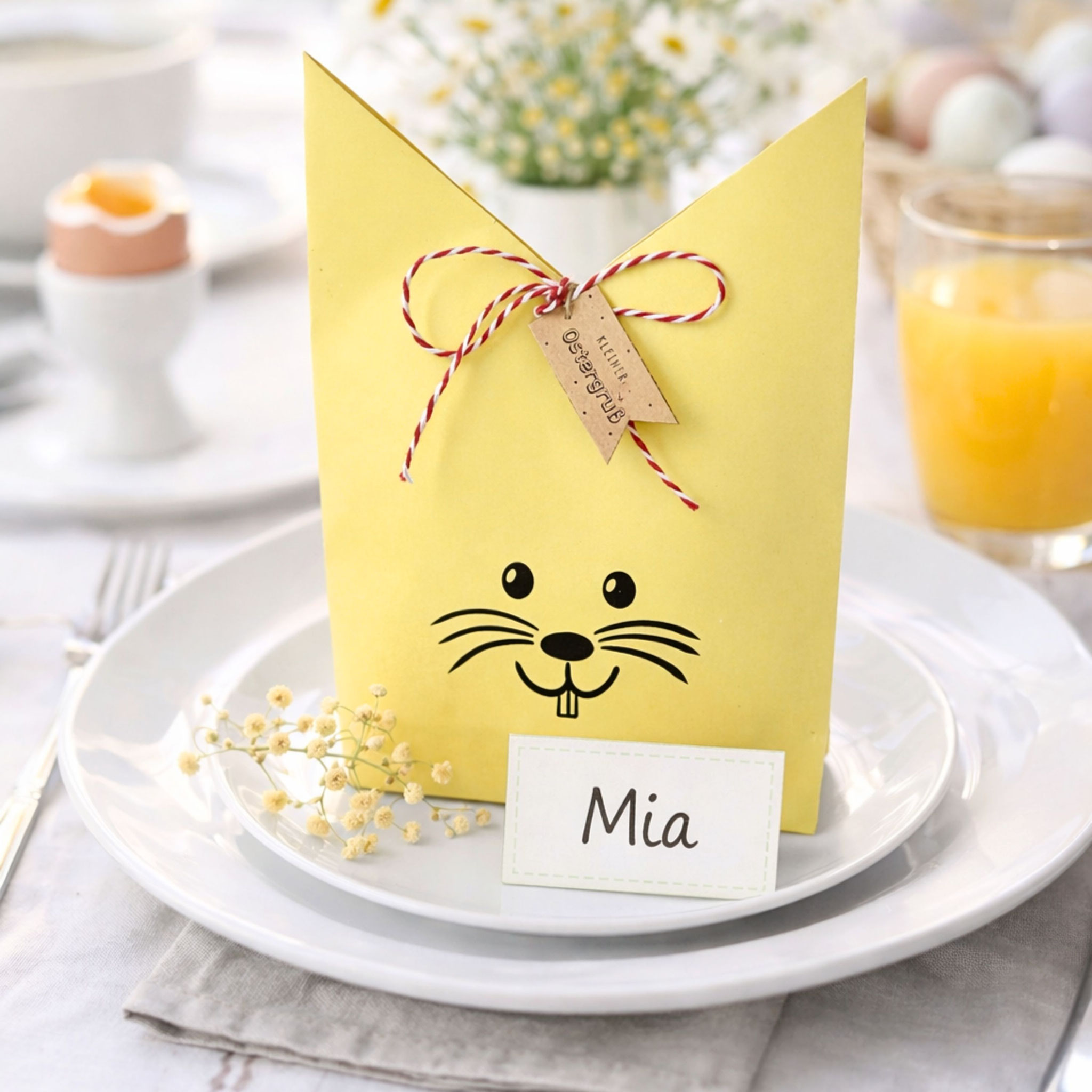 Oster-Tischdeko mit Hasen-Geschenktüte und Namenskärtchen als kreative DIY-Idee für festliche Ostern.