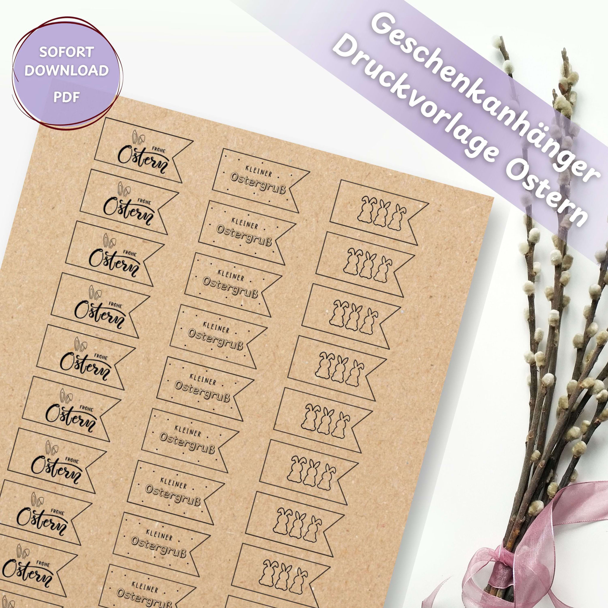 PDF-Vorlage für Oster-Geschenkanhänger auf Kraftpapier mit Hasenmotiven und Ostergrüßen.