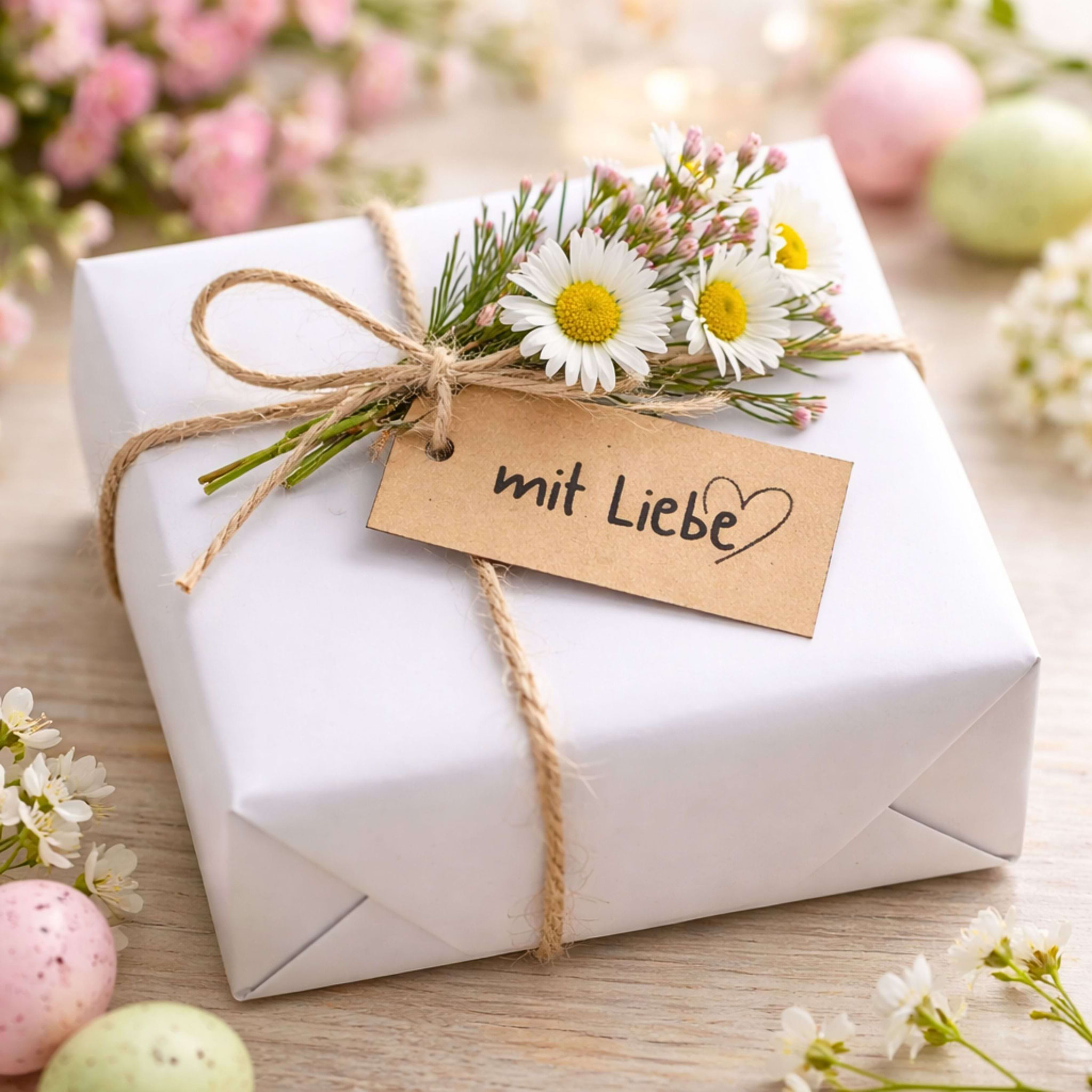 Frühlingsgeschenk mit „mit Liebe“-Anhänger, Blumen und Ostereiern.