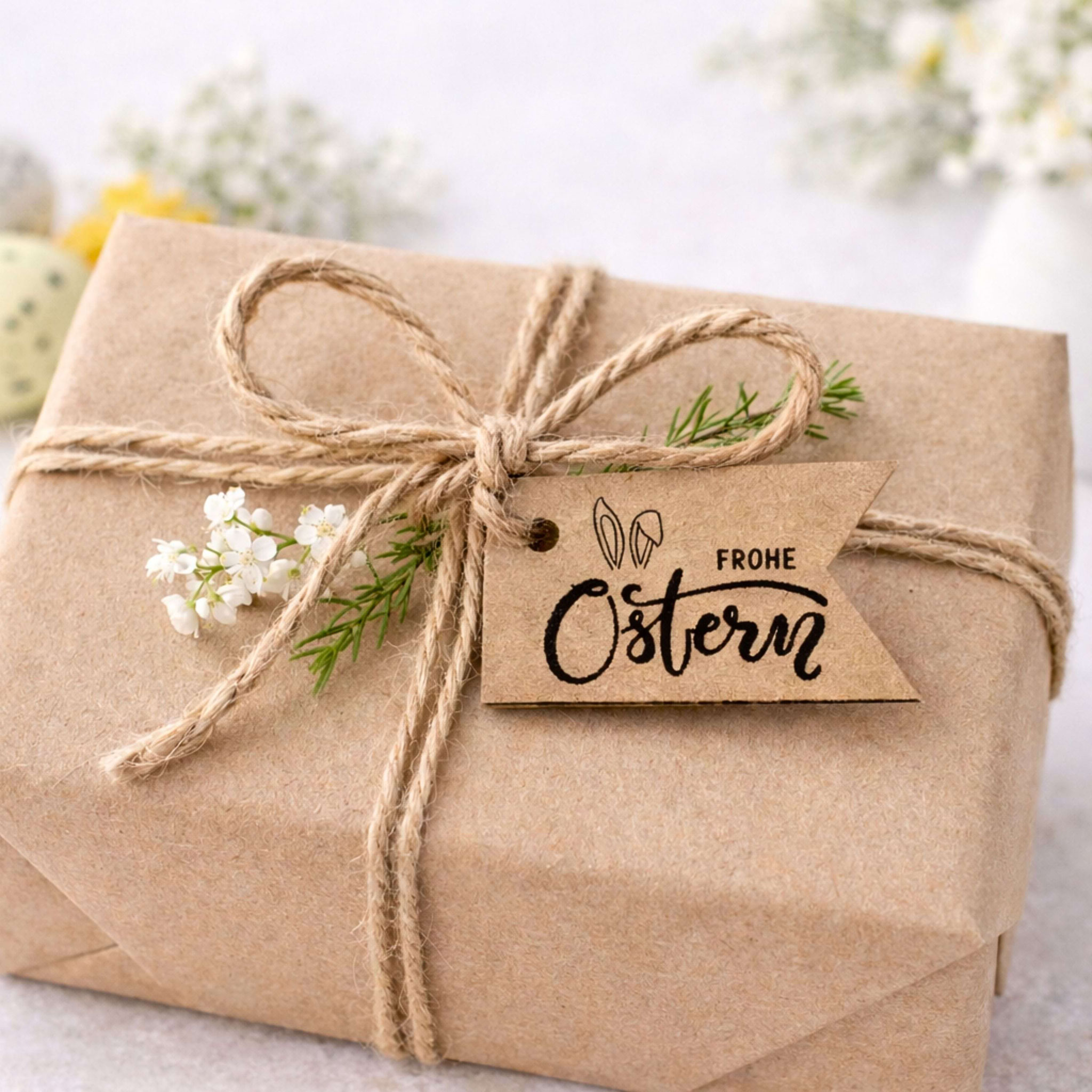 Ostergeschenk mit Kraftpapier, Juteband und „Frohe Ostern“-Anhänger, dekoriert mit Frühlingsblüten für natürliche DIY‑Osterverpackungen.